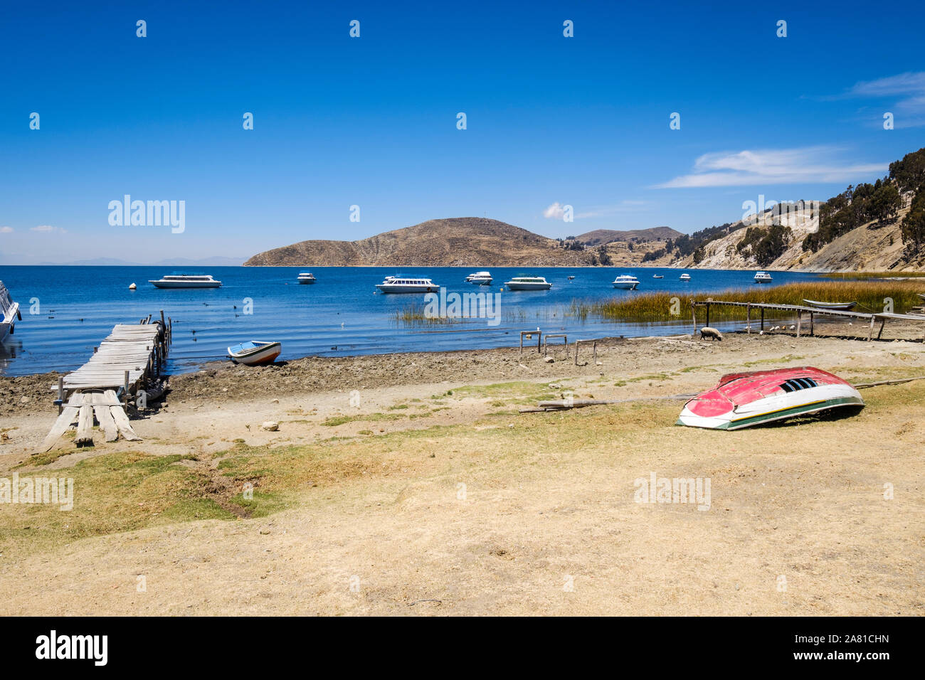 Vista panoramica del porto di Challa lato comunitario dell' isola del sole nel Lago Titicaca, Bolivia Foto Stock