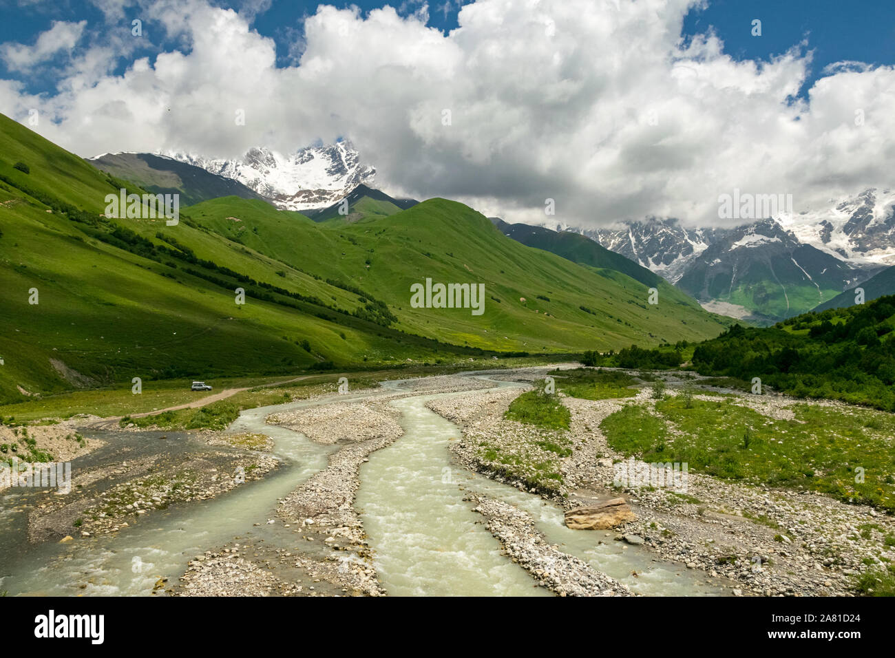 Paesaggio estivo panoramico della vasta valle verde delle montagne del Caucaso con il fiume Patara Enguri che scorre dal ghiacciaio Shkhara. Foto Stock