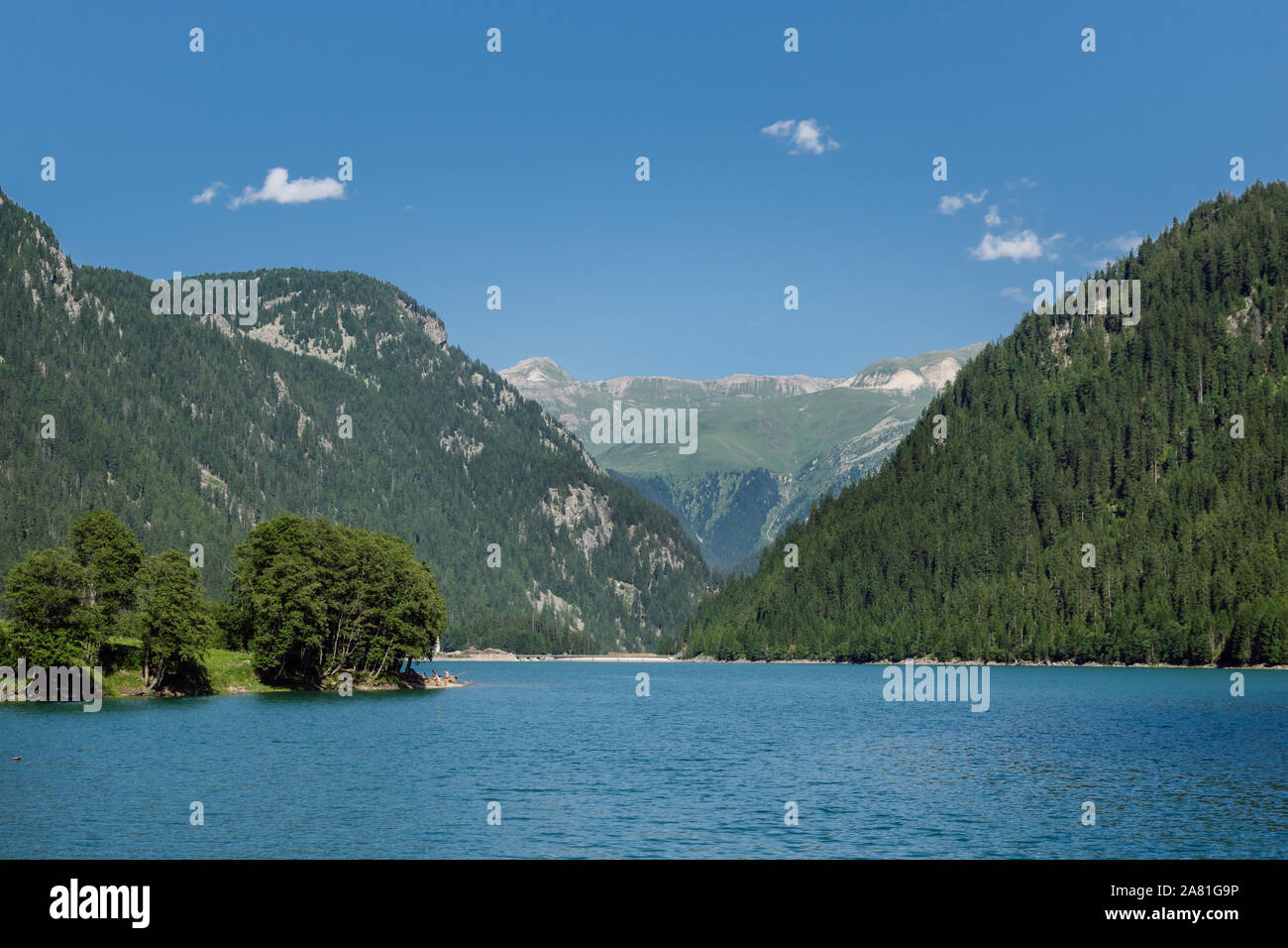 Vista del lago svizzero con acque blu, colline di montagna con fitti boschi di conifere e crystal blue sky in background, Sufnersee lago, Svizzera. Foto Stock
