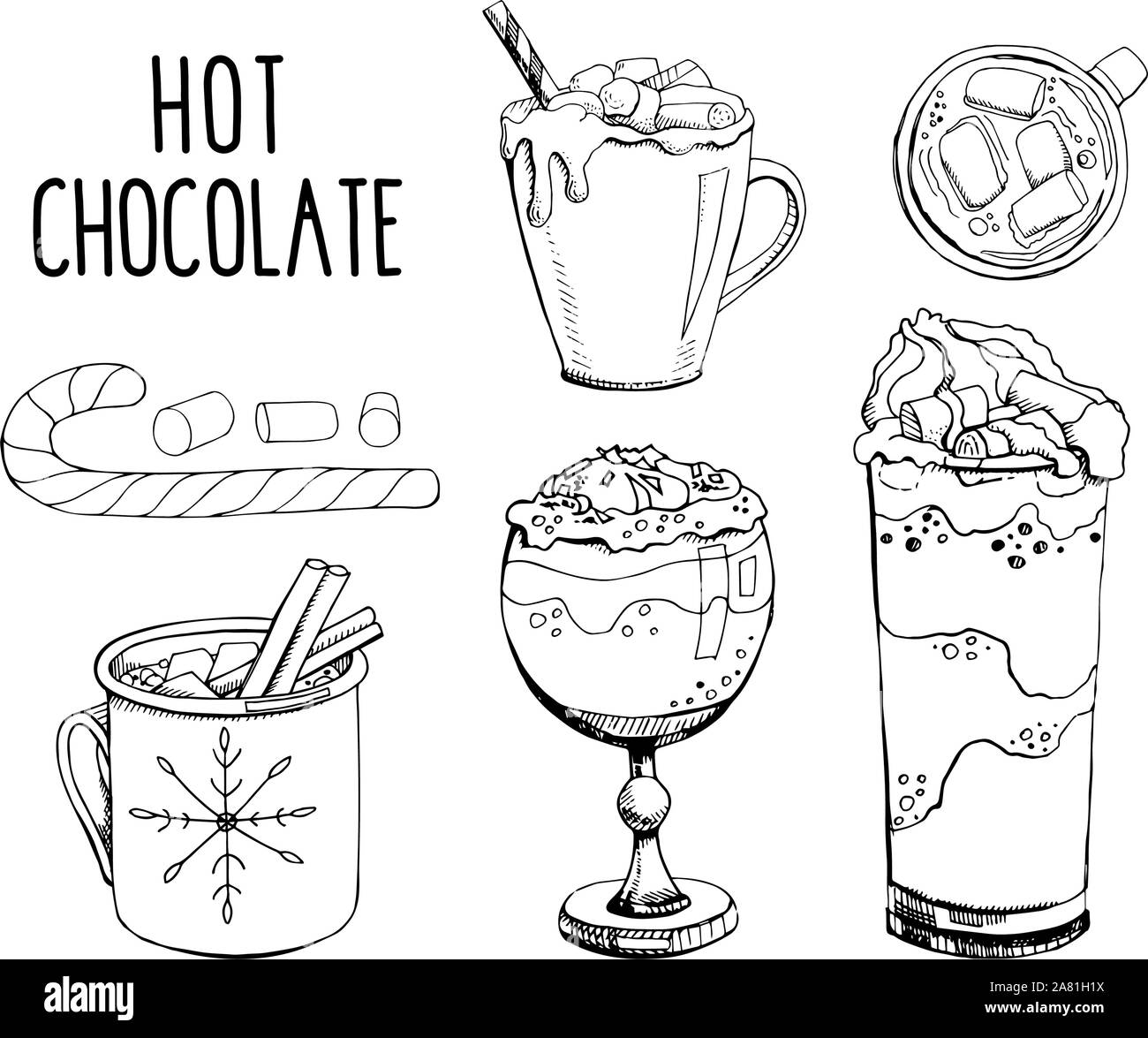 Set di disegnati a mano illustrazioni vettoriali isolato su uno sfondo bianco. Cioccolata calda con il Natale candy cane e marshmallow. La calligrafia moderna. Cl Illustrazione Vettoriale