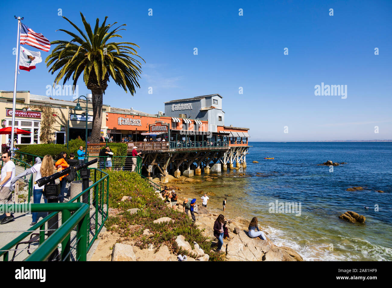 La tramoggia di pesce ristorante, MacAbee Beach, Cannery Row, Monterey, California, Stati Uniti d'America. Foto Stock
