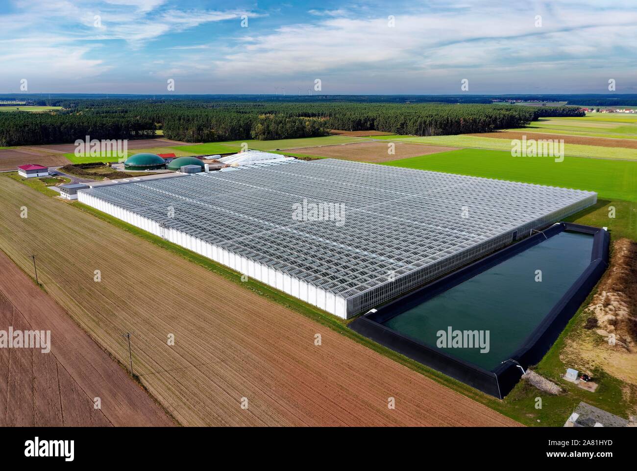 Moderna serra con impianto di produzione di biogas e di compostaggio e della raccolta delle acque piovane bacino, vicino a Abenberg, Media Franconia, Franconia, Baviera, Germania Foto Stock