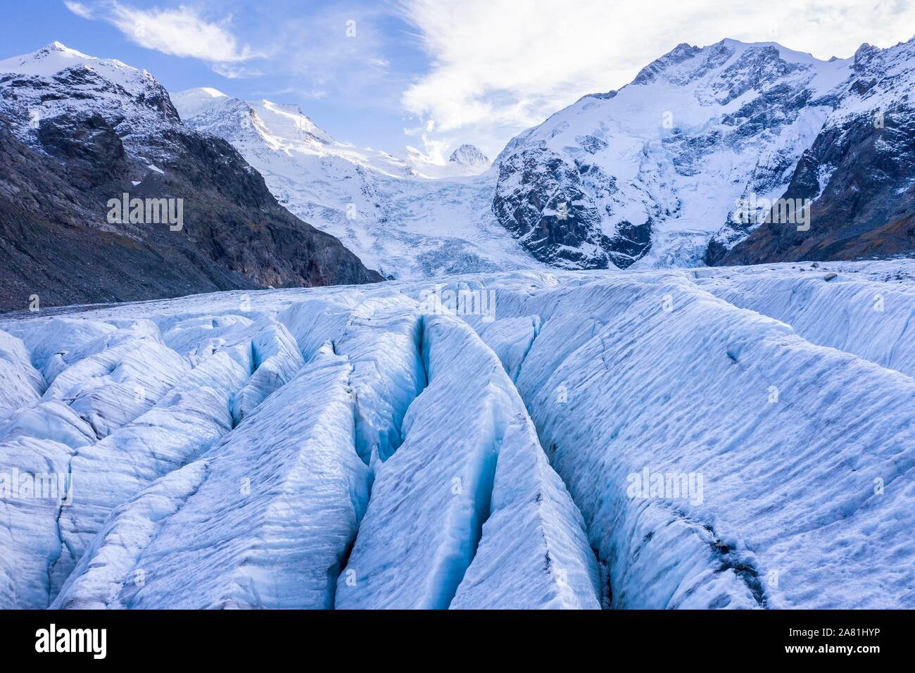 Morteratsch ghiacciaio Bernina gruppo con il Piz Bernina Bernina, Engadina, Canton Grigioni, Svizzera Foto Stock