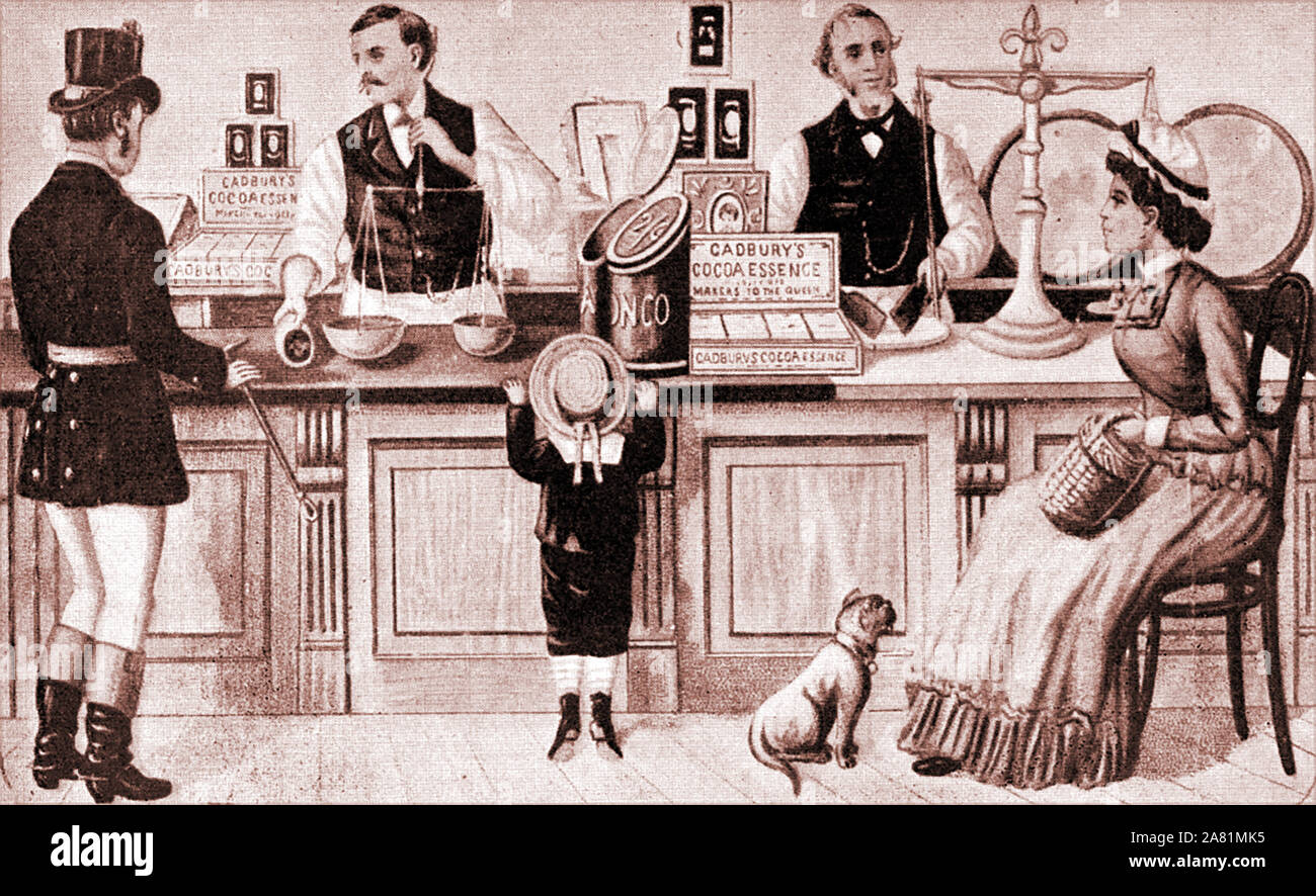 Una scena in un tipico British del XIX secolo (Victorian) con drogheria con Cadbury's cacao essenza prominente sul contatore. Foto Stock