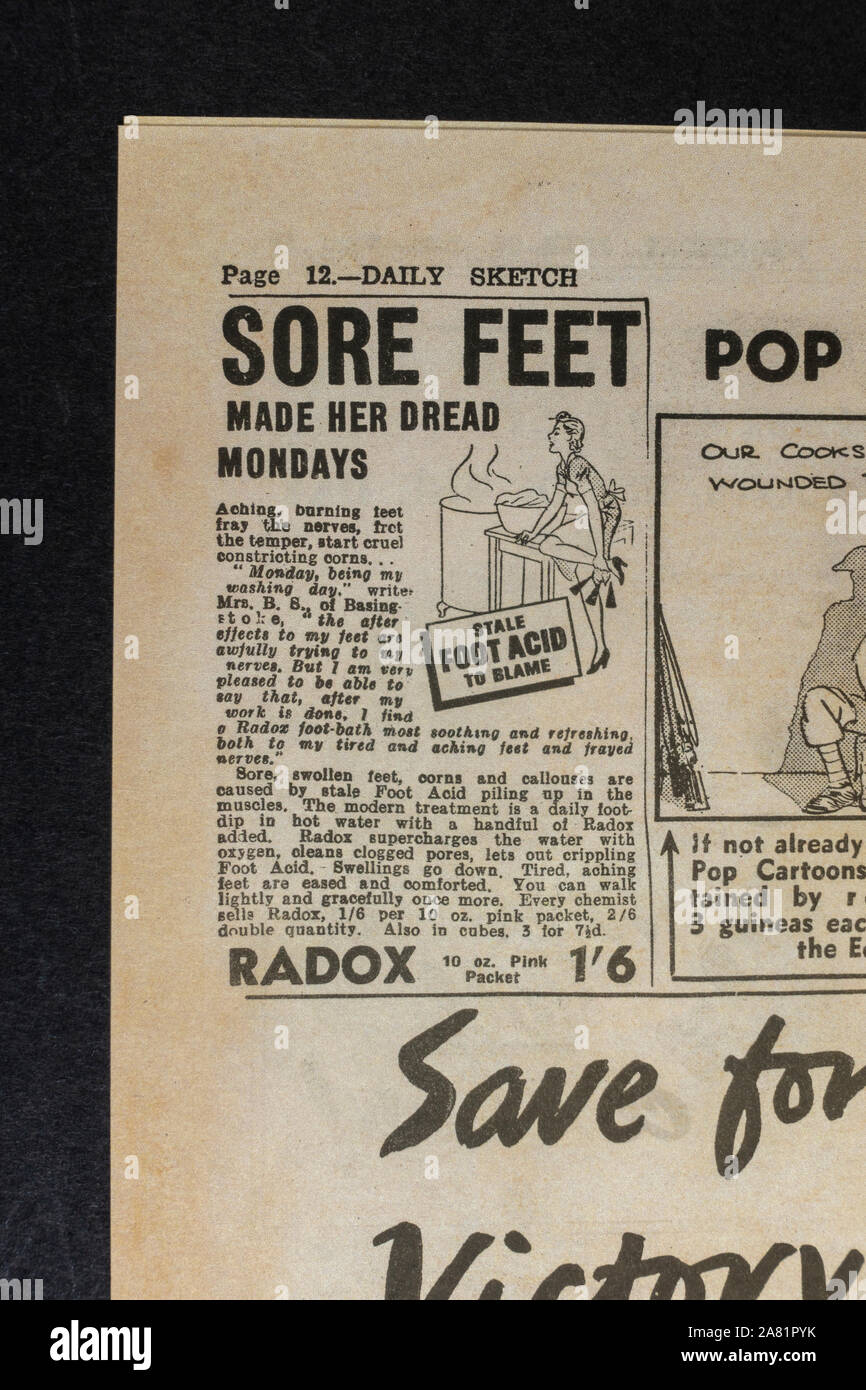 Annuncio per Radox pediluvio in polvere: Daily Sketch giornale (replica), 19 giugno 1940 (durante la battaglia della Gran Bretagna). Foto Stock