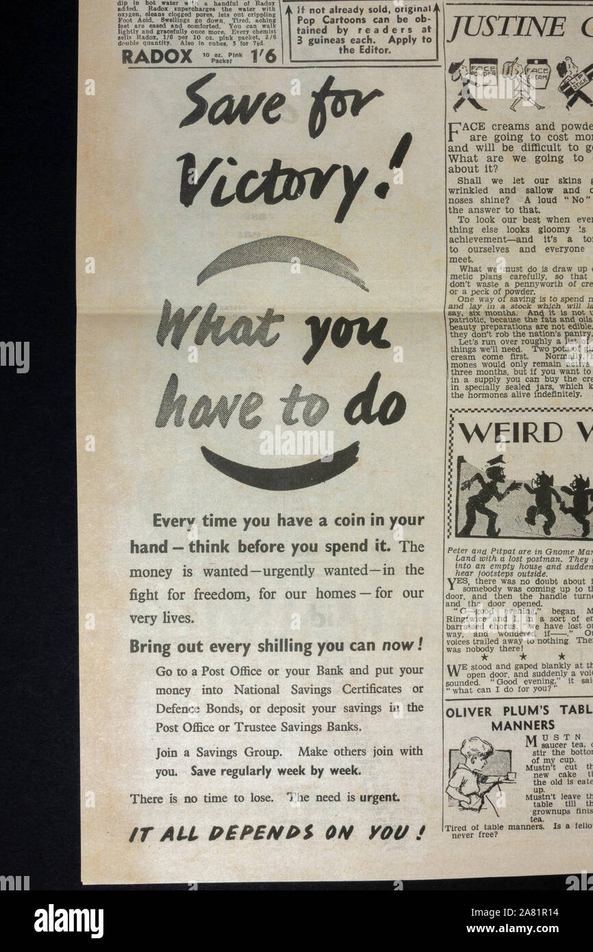 Annuncio per il risparmio nazionale dei certificati di aiuto allo sforzo di guerra: Daily Sketch giornale (replica), 19 giugno 1940 (durante la battaglia della Gran Bretagna). Foto Stock