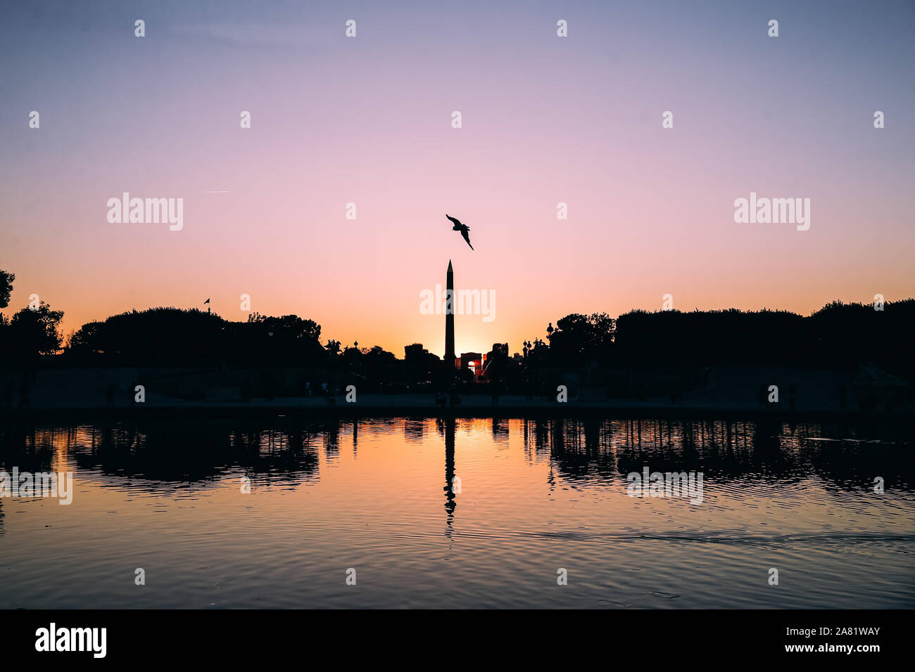 Coucher de soleil depuis le Bassin ottagonale du Jardin des Tuileries, Parigi, Francia Foto Stock