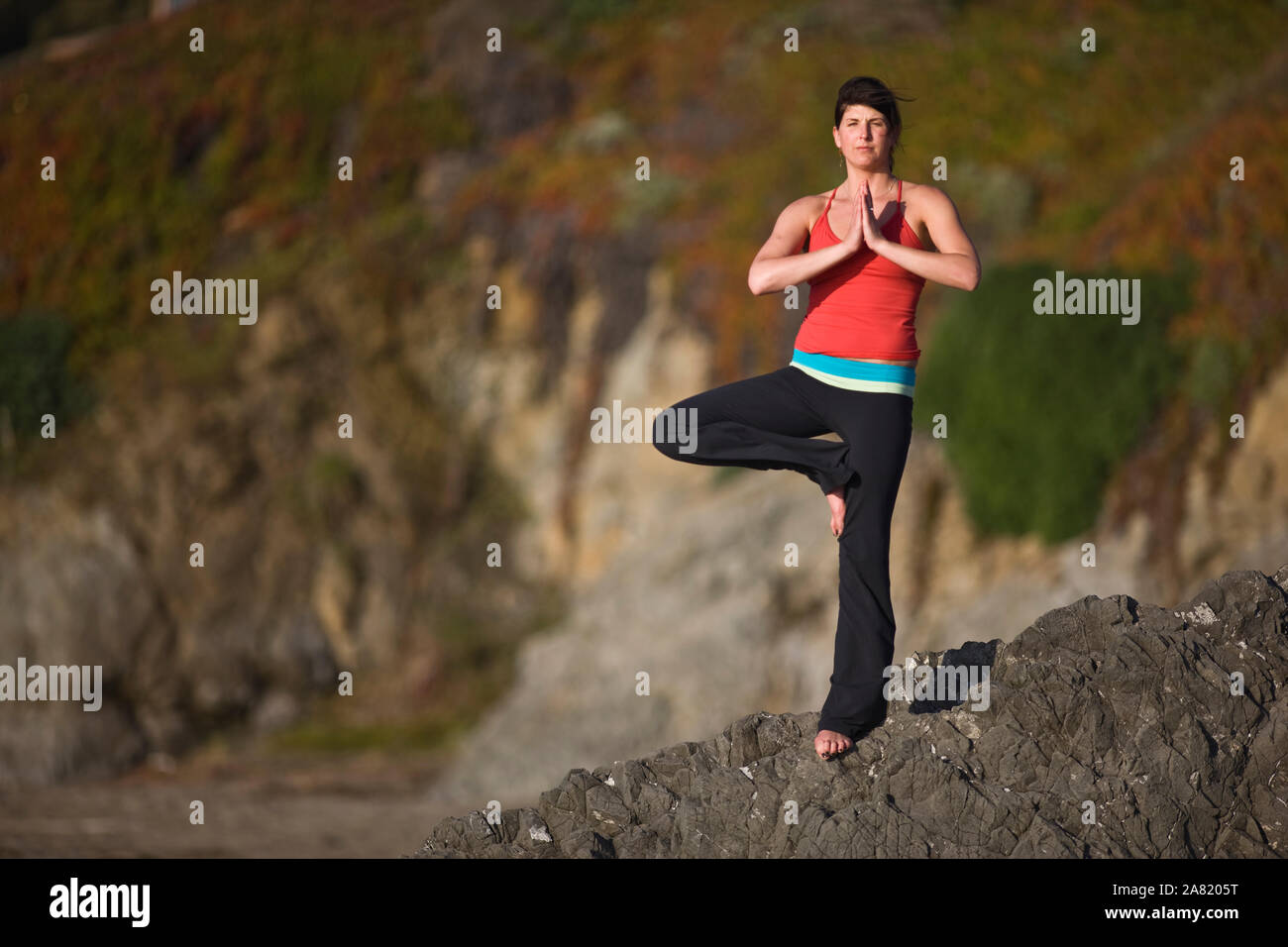 Giovane donna a praticare yoga su una roccia. Foto Stock