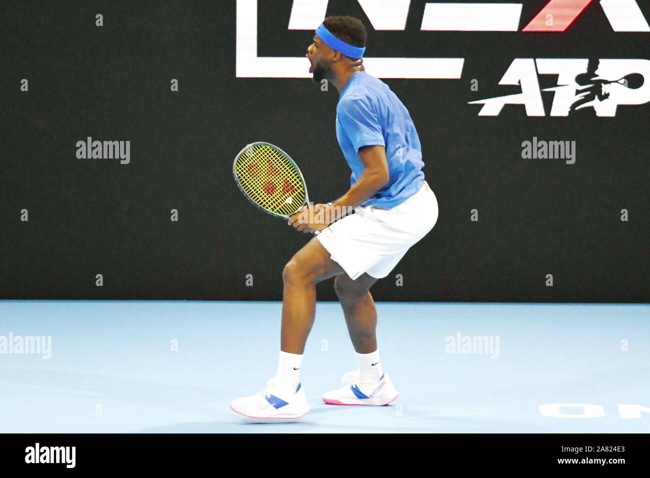 Milano, Italia, 05 Nov 2019, Frances tiafoe durante il Next Gen di ATP Finals - Torneo round - Francesca Tiafoe vs J. peccatore - Tennis intenzionali - Credito: LPS/Alessio Tarpini/Alamy Live News Foto Stock