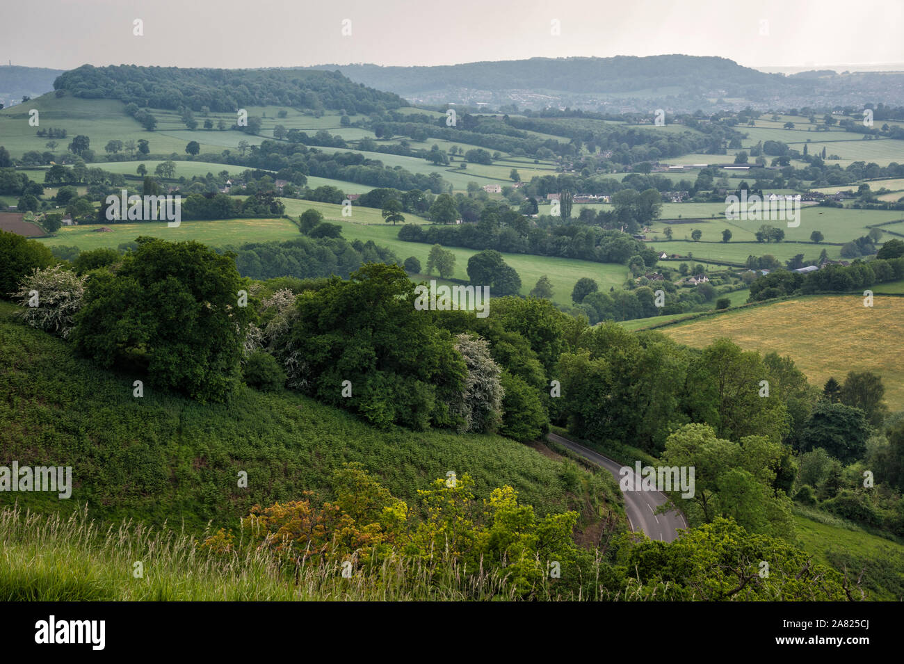 Uley - Vista sulla collina Downham visto dal Uley Bury, Cotswold valori erratici vicino a Dursley, Gloucestershire - Inghilterra Foto Stock