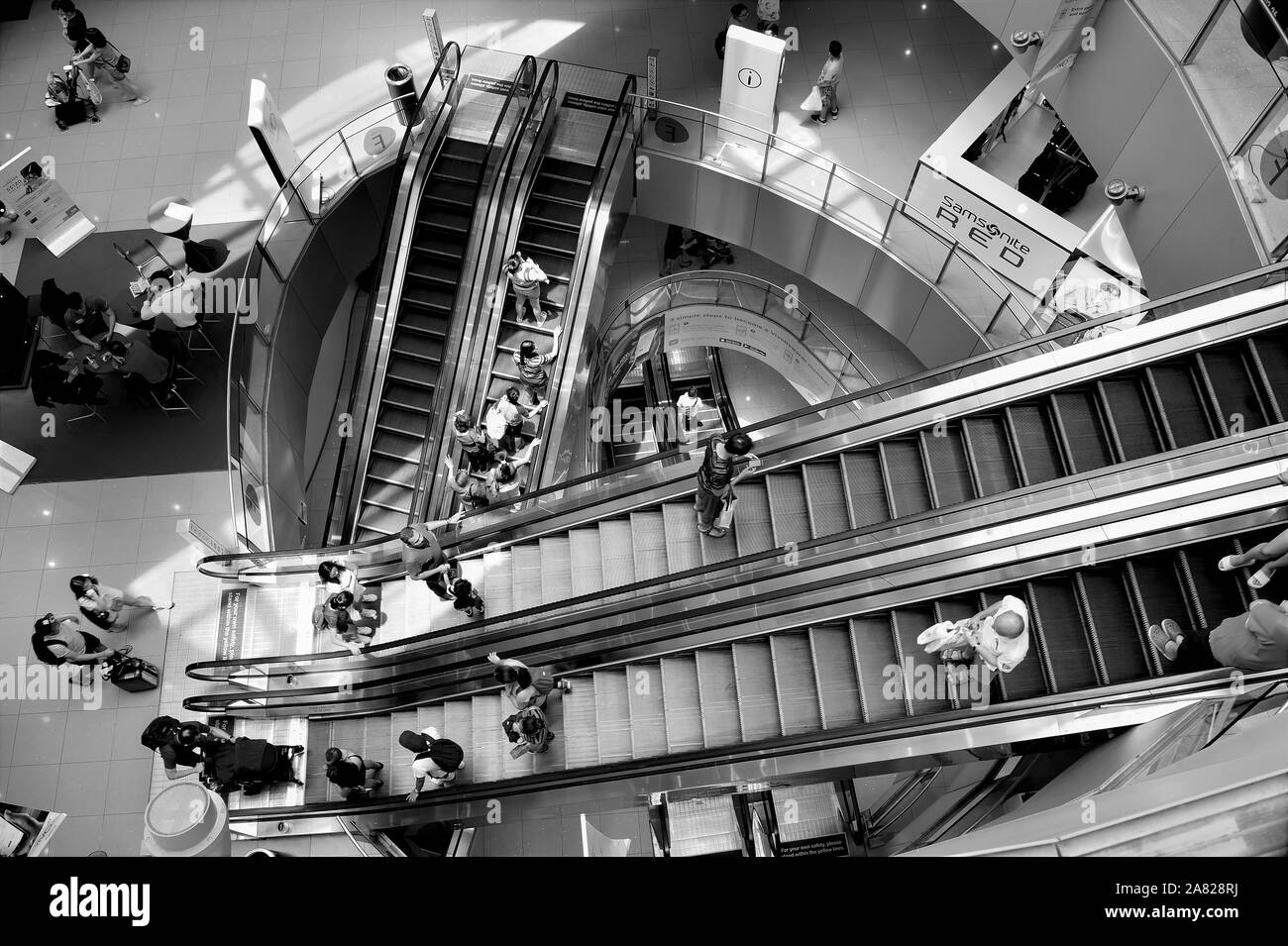 Singapore - 29 Settembre 2019: vista aerea del moderno albero di escalator in vivo City shopping center con acquirenti in monocromatico. Foto Stock