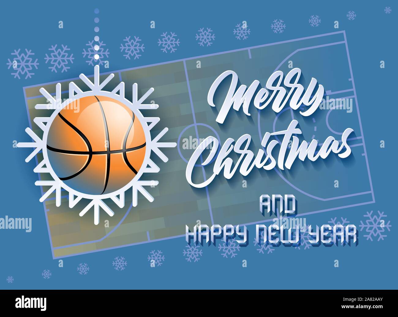 Buon Natale e Felice Anno Nuovo. Scheda di sport con una palla da basket come un fiocco di neve e un campo da basket. Illustrazione Vettoriale. Illustrazione Vettoriale