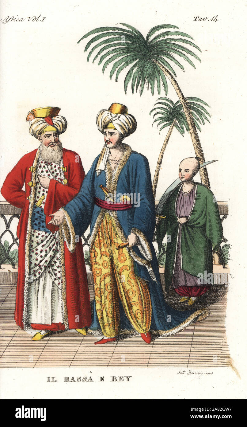 Ottoman pascià turco e Bey. Handcolored incisione su rame di Andrea Bernieri da Giulio Ferrrario il costume antico e moderno di tutti i popoli (Il Costume Antico e Moderno di tutti i Popoli), Firenze, 1843. Foto Stock