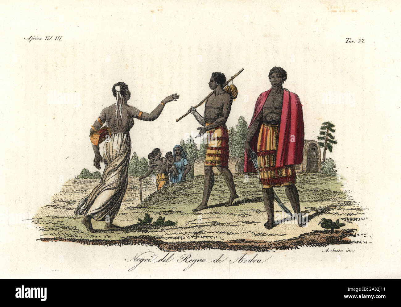 Nativi del regno di Ardra (Benin). Handcolored incisione su rame di Antonio Sasso da Giulio Ferrario le antiche e moderne costumi di tutti i popoli del mondo, Firenze, Italia, 1843. Foto Stock