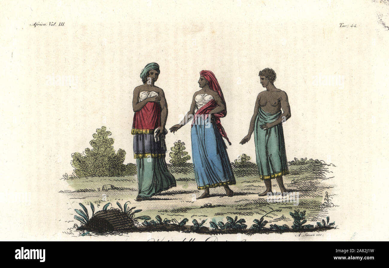 Il costume delle donne del Regno di Kongo (Congo). Handcolored incisione su rame di Antonio Sasso da Giulio Ferrario le antiche e moderne costumi di tutti i popoli del mondo, Firenze, Italia, 1843. Foto Stock