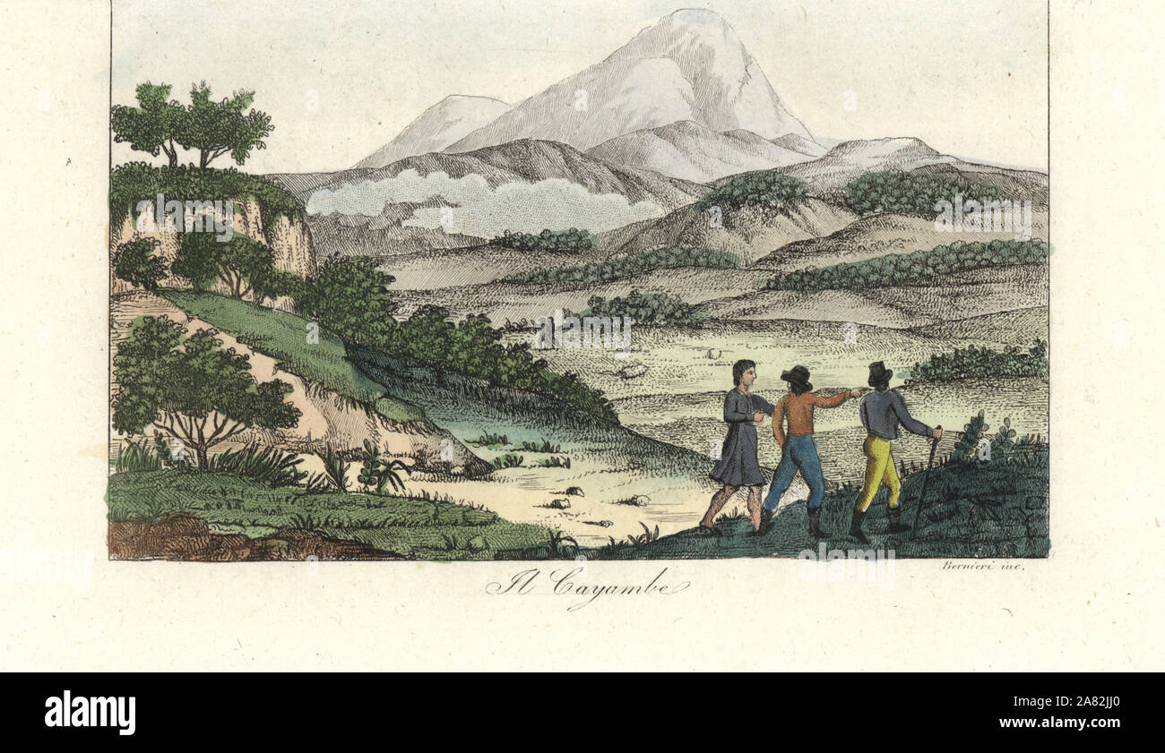 Vista del Vulcano Cayambe nelle Ande, Ecuador. Handcolored incisione su rame di Andrea Bernieri da Giulio Ferrario le antiche e moderne costumi di tutti i popoli del mondo, Firenze, Italia, 1837. Foto Stock