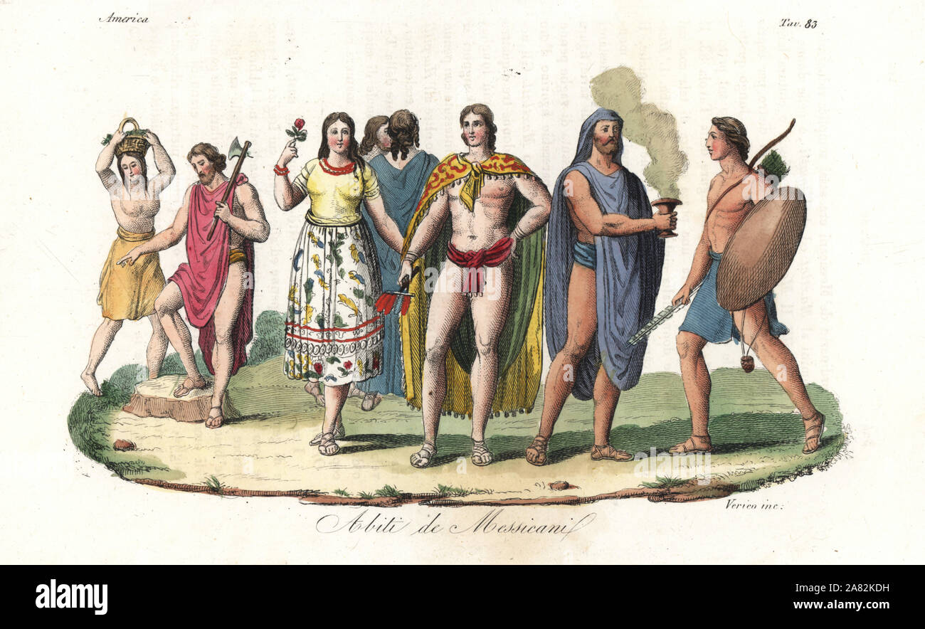 I costumi dei nativi messicani e Aztechi. Gli uomini indossano la cinghia Maxtlat e Tilmatli mantello annodato al torace, donne che indossano Cucitl mantello e Huepilli canotta. Handcolored incisione su rame da Verico da Giulio Ferrario le antiche e moderne costumi di tutti i popoli del mondo, Firenze, Italia, 1843. Foto Stock