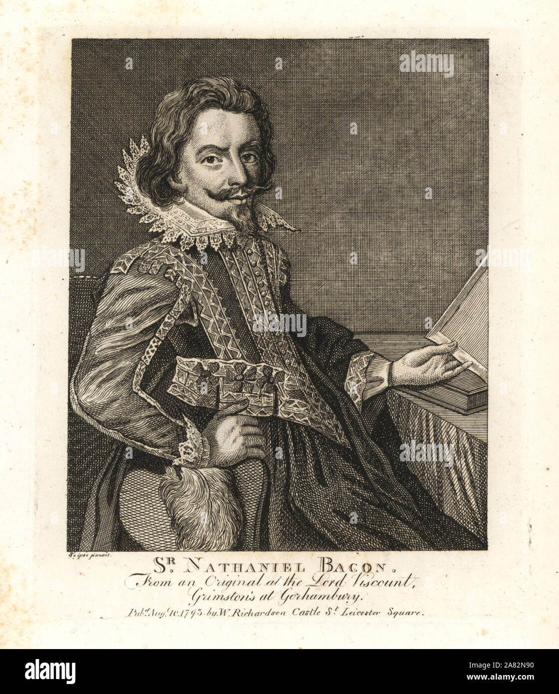 Sir Nathaniel Bacon (1585-1627), pittore inglese e proprietario terriero. Incisione su rame dopo un autoritratto di Bacon da William Richardson ritratti che illustra Granger biografico della storia dell'Inghilterra, London, 1792-1812. James Granger (1723-1776) era un ecclesiastico inglese, biografo e collezionista di stampa. Foto Stock