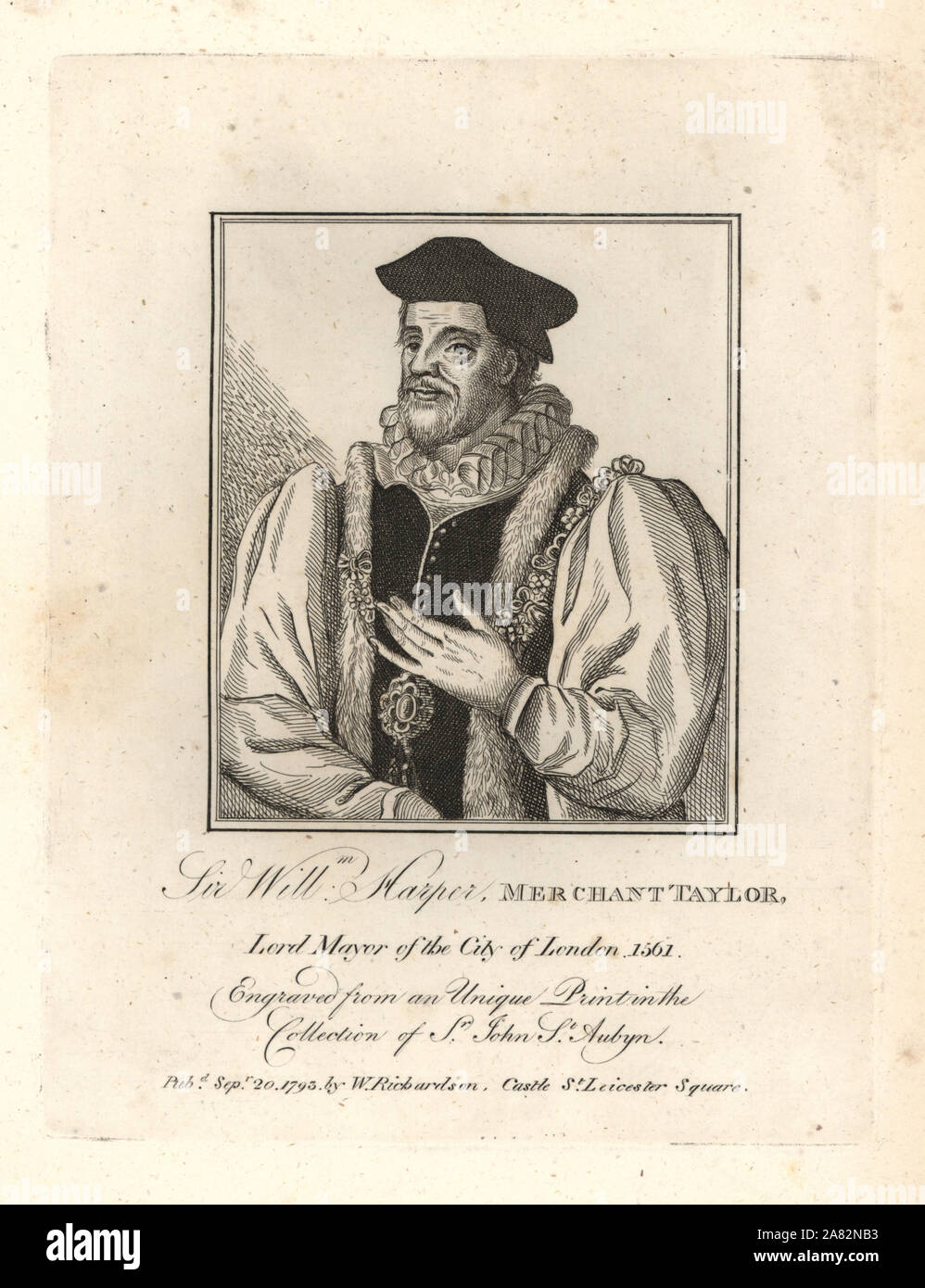 Sir William Harper, Merchant Taylor, Sindaco di Londra, 1561. Incisione su rame da William Richardson ritratti che illustra Granger biografico della storia dell'Inghilterra, London, 1792-1812. James Granger (1723-1776) era un ecclesiastico inglese, biografo e collezionista di stampa. Foto Stock