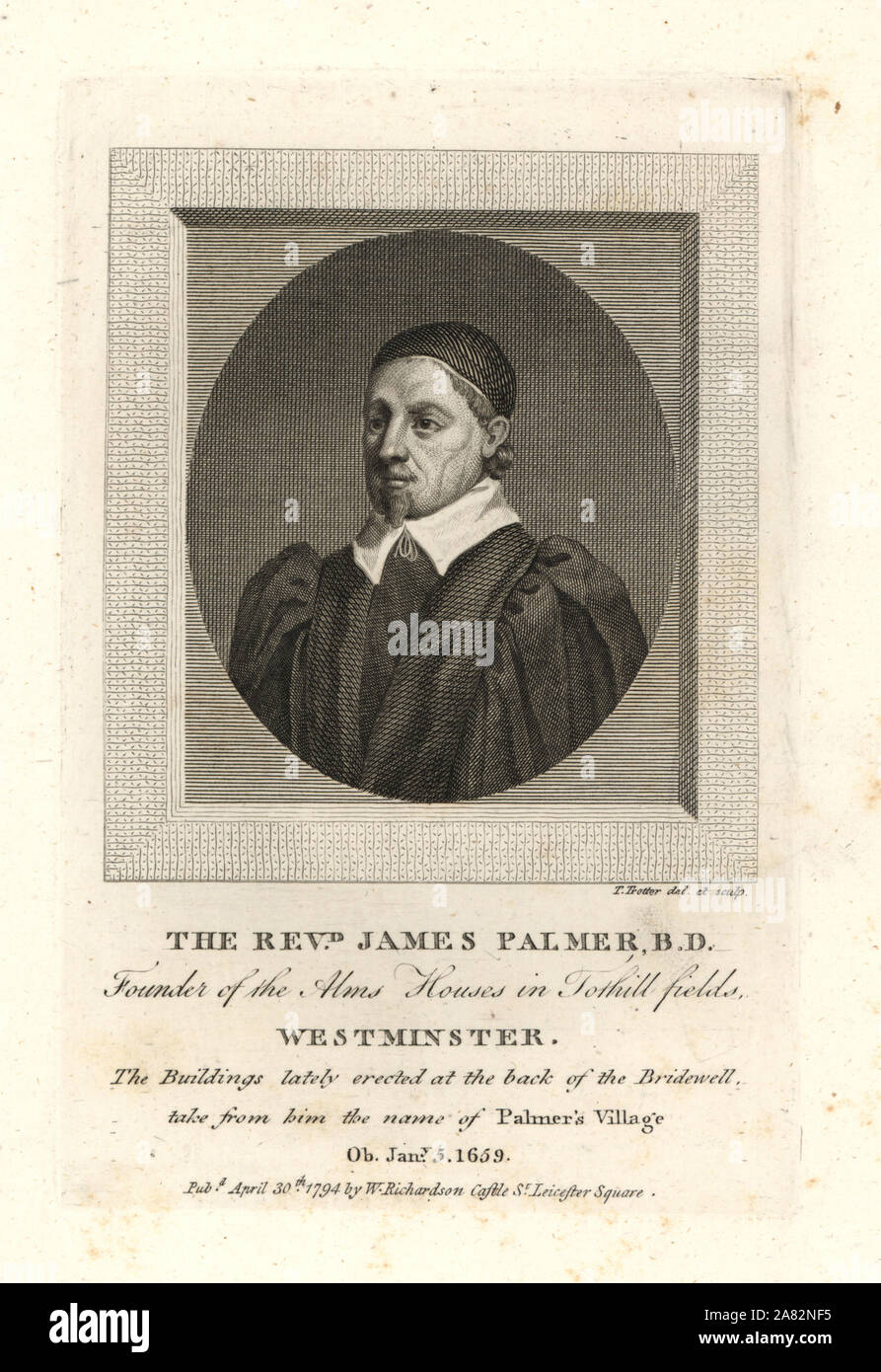 Il Reverendo James Palmer, fondatore della Alms Case in Tothill campi, Westminster. Morì 1659. Incisione su rame da William Richardson ritratti che illustra Granger biografico della storia dell'Inghilterra, London, 1792-1812. James Granger (1723-1776) era un ecclesiastico inglese, biografo e collezionista di stampa. Foto Stock