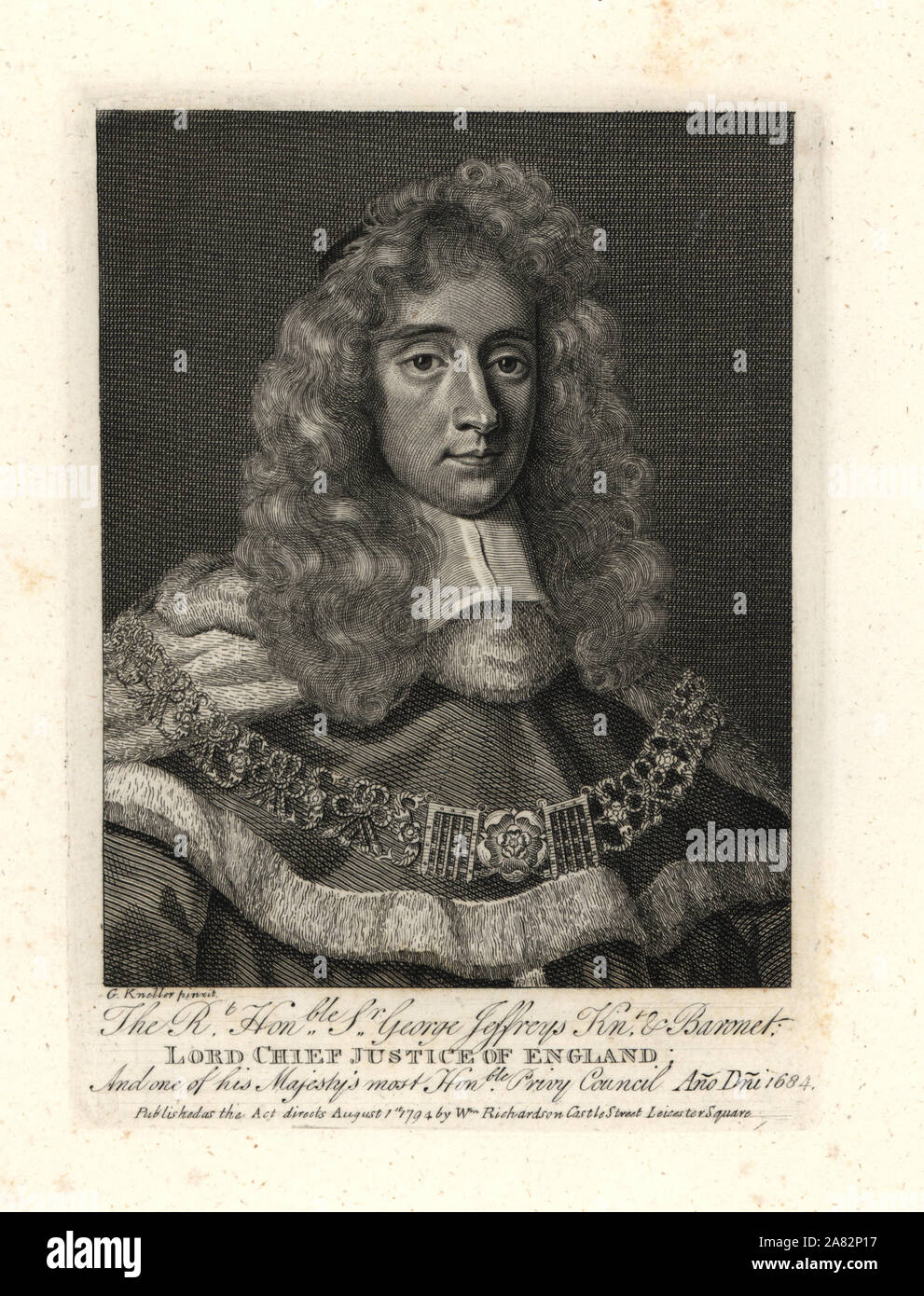 Sir George Jeffreys, il giudice pensili, Lord Chief Justice of England, 1645-1689. Incisione su rame dopo un ritratto di G. Kneller da William Richardson ritratti che illustra Granger biografico della storia dell'Inghilterra, London, 1792-1812. James Granger (1723-1776) era un ecclesiastico inglese, biografo e collezionista di stampa. Foto Stock