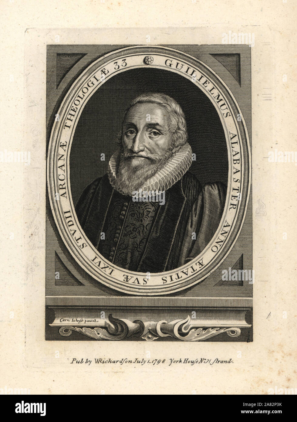 William alabastro, (anche Alablaster, Arblastier), il poeta inglese, drammaturgo e scrittore religioso, 1567-1640. Incisione su rame dopo un dipinto di mais. Johns (Cornelis Janssens) da William Richardson ritratti che illustra Granger biografico della storia dell'Inghilterra, London, 1792-1812. James Granger (1723-1776) era un ecclesiastico inglese, biografo e collezionista di stampa. Foto Stock