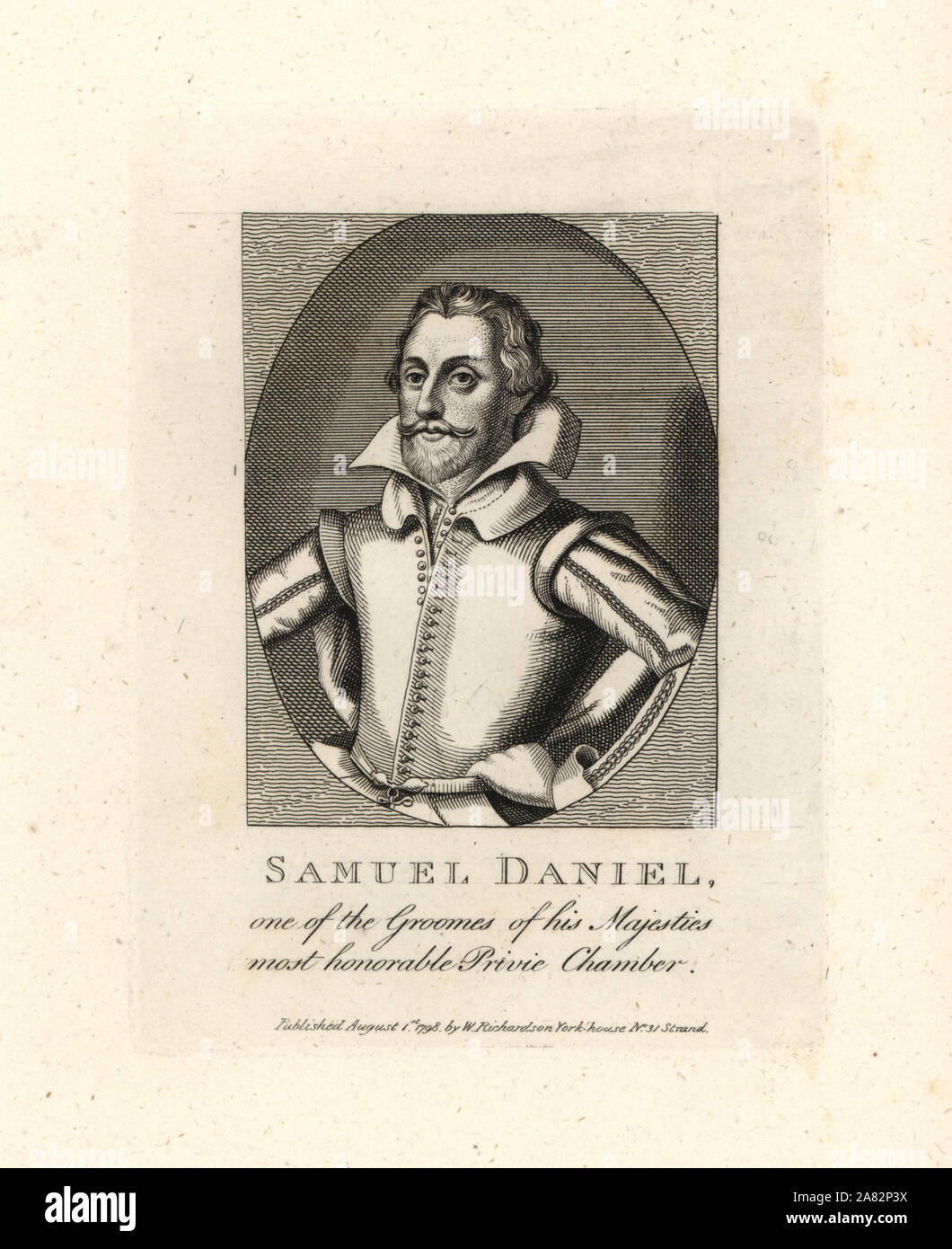 Samuel Daniel, lo sposo della sua maestà il Privato Camera, poeta e autore del masque, il Festival di Tethys o Queenes Wake per la Regina Elisabetta I, Whitehall, 1610. Incisione su rame da William Richardson ritratti che illustra Granger biografico della storia dell'Inghilterra, London, 1792-1812. James Granger (1723-1776) era un ecclesiastico inglese, biografo e collezionista di stampa. Foto Stock