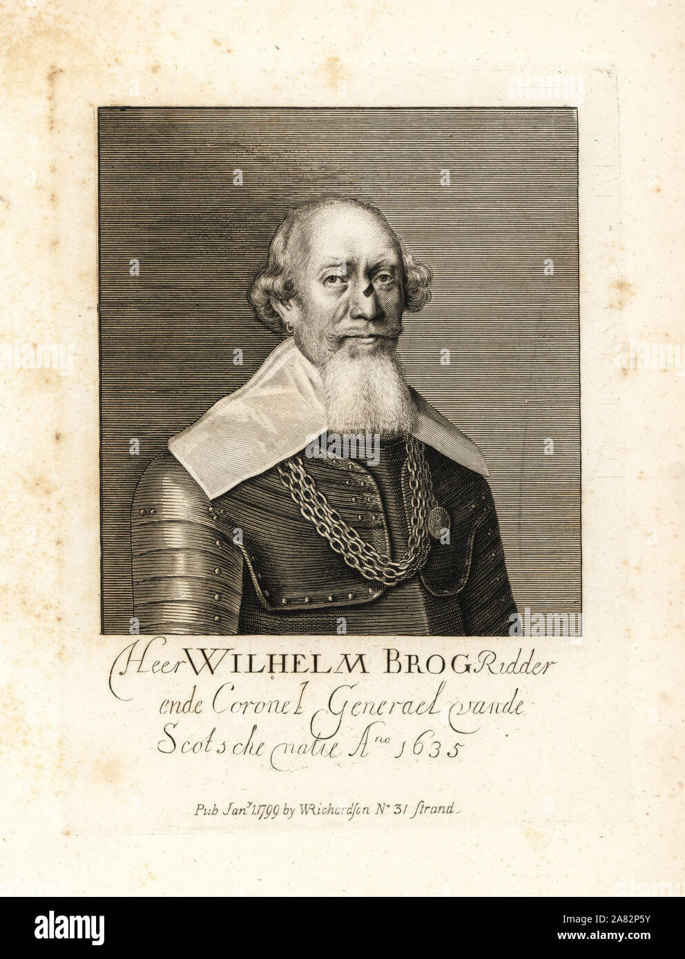 William o Wilhelm Brog, Colonel-General nella Brigata Scots-Dutch, trenta anni di guerra, 1635. Incisione su rame da William Richardson ritratti che illustra Granger biografico della storia dell'Inghilterra, London, 1792-1812. James Granger (1723-1776) era un ecclesiastico inglese, biografo e collezionista di stampa. Foto Stock