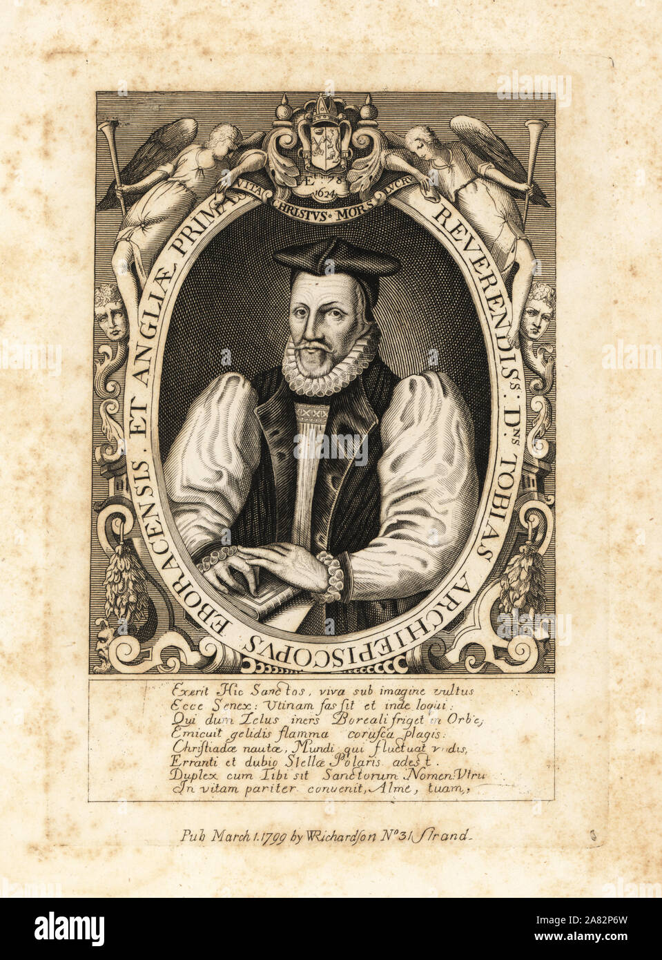 Tobias Matteo, arcivescovo di York, 1546-1628. Incisione su rame dopo Reginold Elstrack da William Richardson ritratti che illustra Granger biografico della storia dell'Inghilterra, London, 1792-1812. James Granger (1723-1776) era un ecclesiastico inglese, biografo e collezionista di stampa. Foto Stock