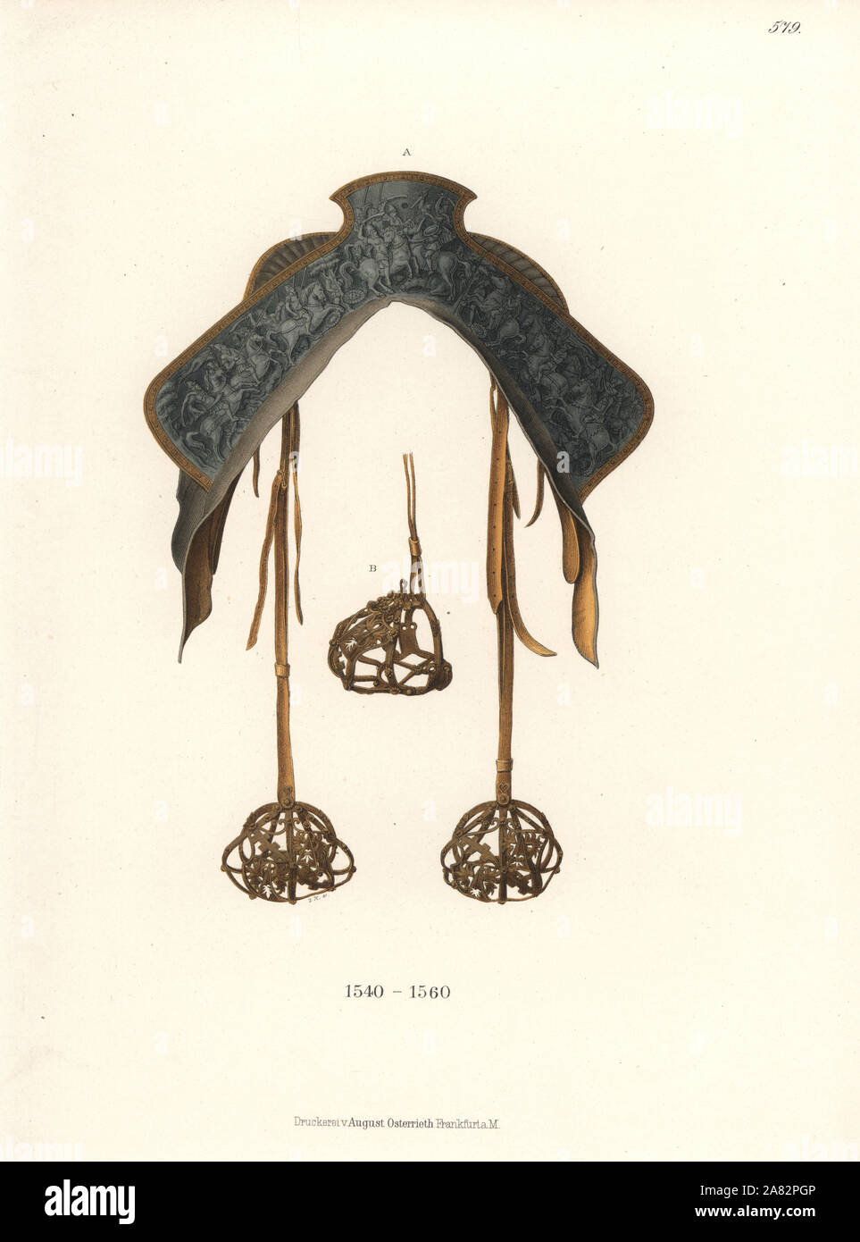 Sella tedesco dalla metà del XVI secolo. Vista frontale del riccamente decorate sella e staffe. Chromolithograph da Hefner-Alteneck i costumi, opere d'arte e apparecchi dal Medioevo fino al XVII secolo, Francoforte, 1889. Il dott. Hefner-Alteneck (1811-1903) era un museo tedesco curatore, archeologo, storico dell'arte, illustratore e incisore. Foto Stock