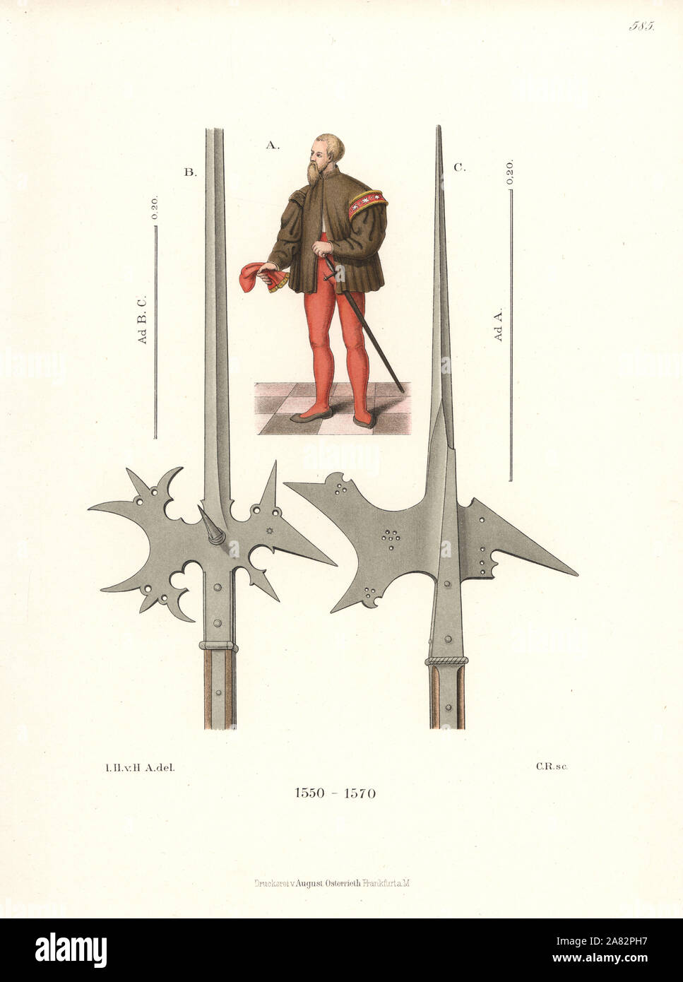 Il tedesco maschio Abito di corte della metà del XVI secolo e due teste di alabarda. Chromolithograph da Hefner-Alteneck i costumi, opere d'arte e apparecchi dal Medioevo fino al XVII secolo, Francoforte, 1889. Illustrazione dal dottor Jakob Heinrich von Hefner-Alteneck, litografata dal C. Regnier. Il dott. Hefner-Alteneck (1811-1903) era un museo tedesco curatore, archeologo, storico dell'arte, illustratore e incisore. Foto Stock