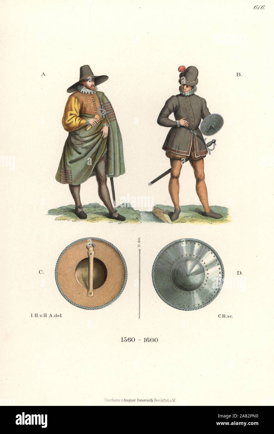 Uomo francese in larga tesa hat e capo A, uomo inglese con brevi doppietto, flessibile, spada e scudo B e target sul tondo o scudo C,D, tardo XVI secolo. Chromolithograph da Hefner-Alteneck i costumi, opere d'arte e apparecchi dal Medioevo fino al XVII secolo, Francoforte, 1889. Illustrazione dal dottor Jakob Heinrich von Hefner-Alteneck, litografata dal C. Regnier. Il dott. Hefner-Alteneck (1811-1903) era un museo tedesco curatore, archeologo, storico dell'arte, illustratore e incisore. Foto Stock