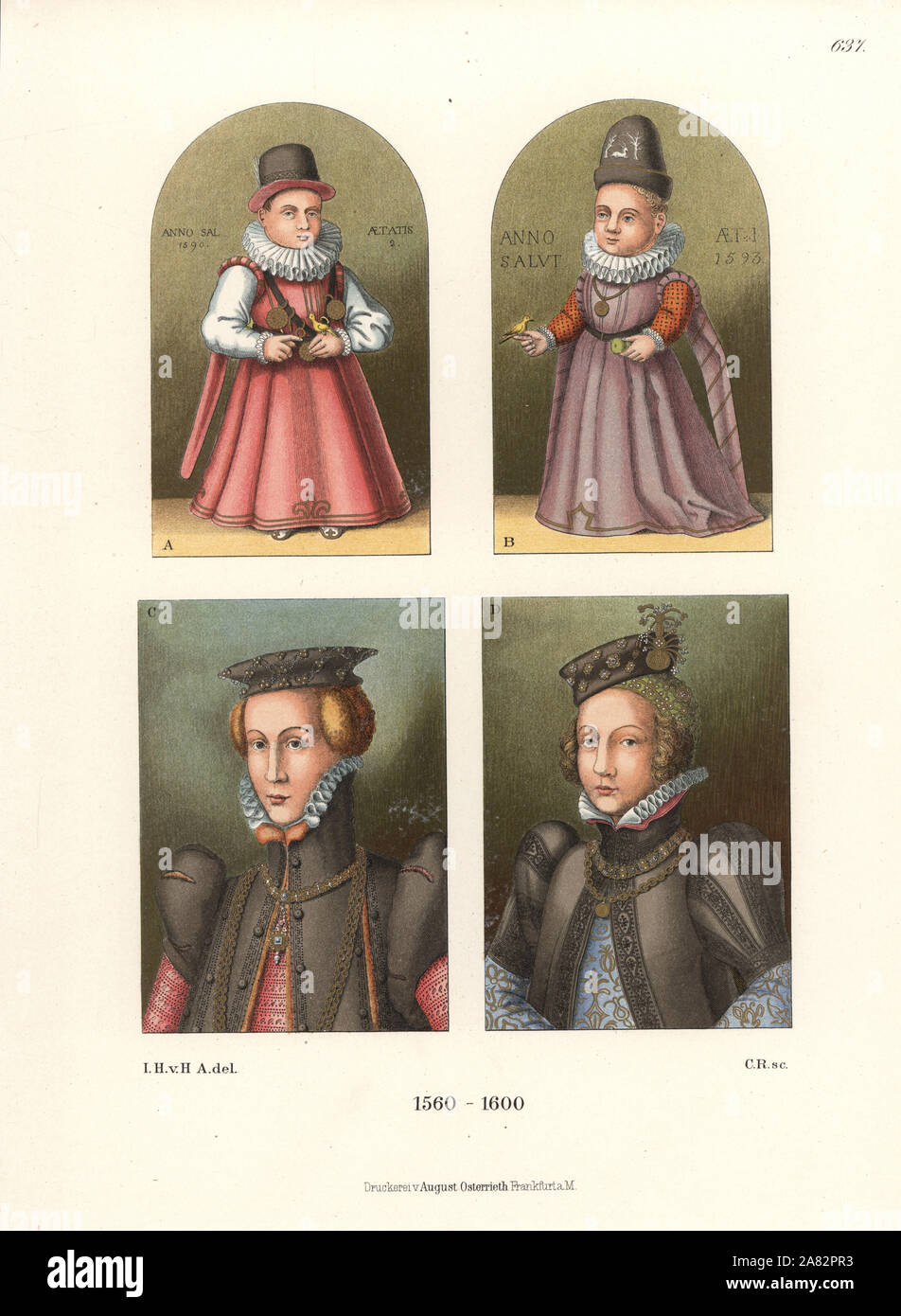 Dipinti ad Olio di bambini e donne, tardo XVI secolo. A due anni un bambino di un anno-vecchio figlio B, nobile donna C, e Sabine di Wurttemberg, Landgravine di Hesse D. Chromolithograph da Hefner-Alteneck i costumi, opere d'arte e apparecchi dal Medioevo fino al XVII secolo, Francoforte, 1889. Illustrazione dal dottor Jakob Heinrich von Hefner-Alteneck, litografata dal C. Regnier. Il dott. Hefner-Alteneck (1811-1903) era un museo tedesco curatore, archeologo, storico dell'arte, illustratore e incisore. Foto Stock