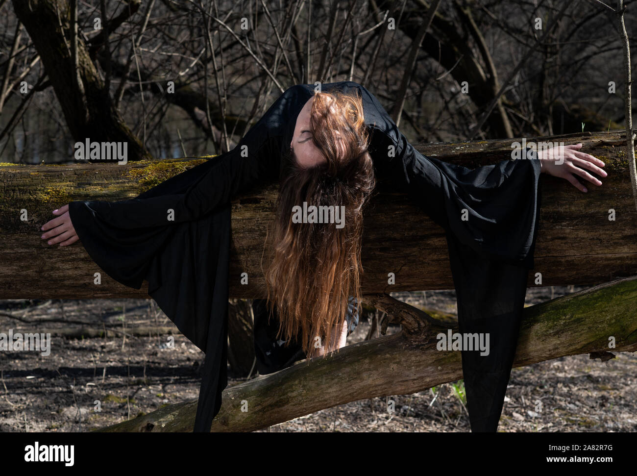 Donna con scuri capelli lunghi in black robes appesi sui rami di alberi in mezzo alla foresta. Torna al concetto di natura. Strega. La stregoneria e magia. Foto Stock