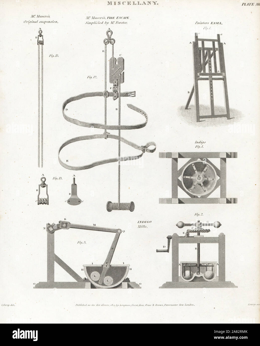 Daniel Masere originale della puleggia di sospensione e fire escape macchina semplificata dal sig. Forster, pittore del cavalletto e indigo mills. Incisione su rame da Wilson Lowry dopo un disegno di J. Farey da Abramo Rees' dell'enciclopedia o dizionario universale delle arti, scienze e letteratura, Longman, Hurst, Rees, Orme e marrone, Londra, 1814. Foto Stock
