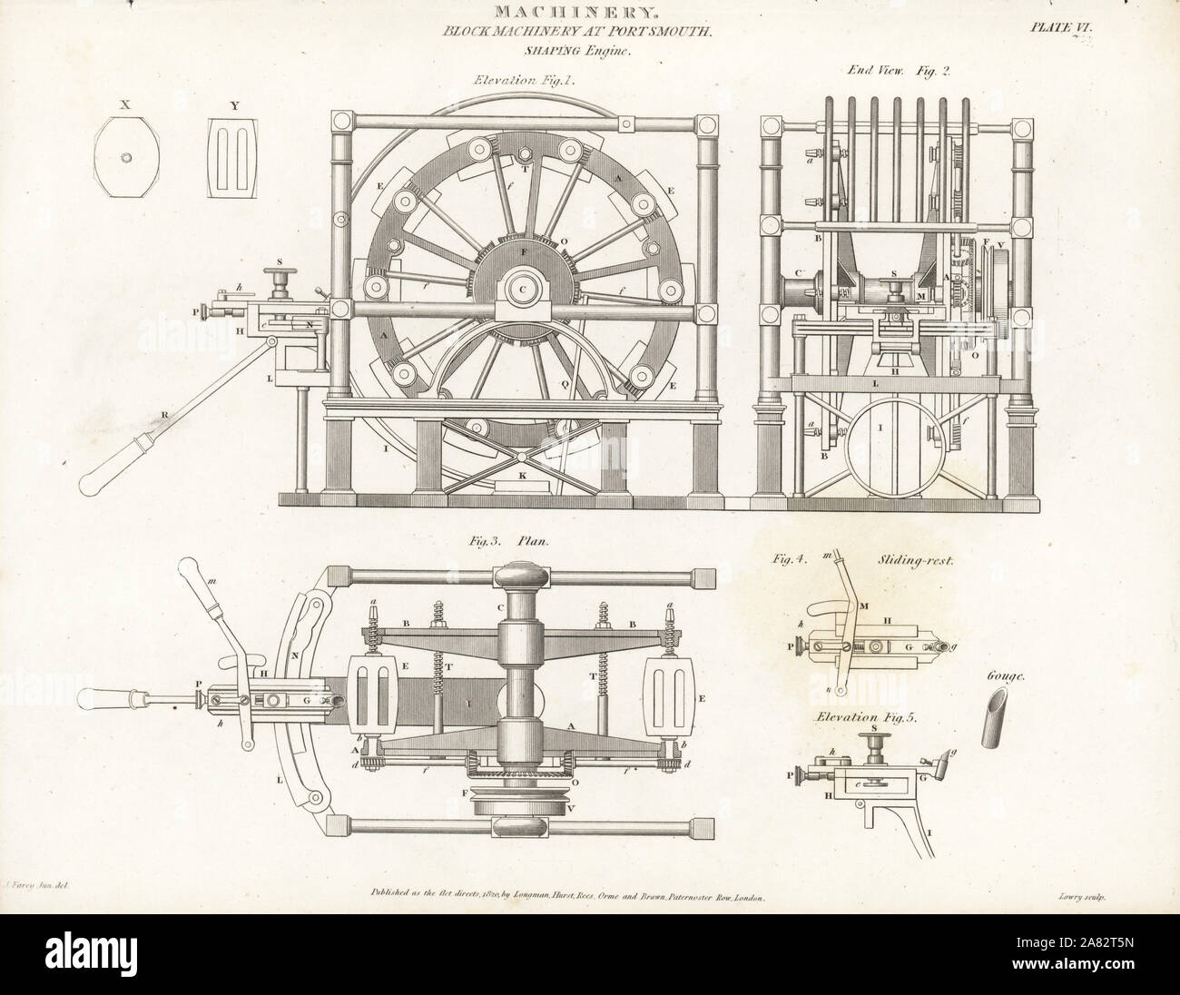 Blocco dei macchinari o tornio a Portsmouth i cantieri navali, compresa la sagomatura motore, inizio del XIX secolo. Incisione su rame da Wilson Lowry dopo un disegno di John Farey da Abramo Rees' dell'enciclopedia o dizionario universale delle arti, scienze e letteratura, Longman, Hurst, Rees, Orme e marrone, Londra, 1820. Foto Stock