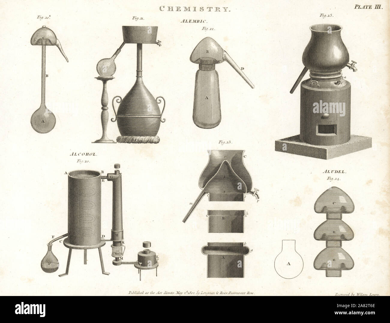 Alambicco con pallone cucurbit e stil-testa, alcol ancora e sublimare aludel o vaso ermetico. Incisione su rame da Wilson Lowry da Abramo Rees' dell'enciclopedia o dizionario universale delle arti, scienze e letteratura, Longman, Hurst, Rees, Orme e marrone, Londra, 1802. Foto Stock