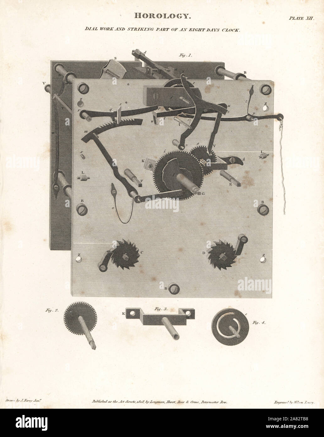 Il lavoro di composizione e colpendo la parte di otto giorni di orologio. Incisione su rame da Wilson Lowry dopo un disegno di John Farey Jr. da Abramo Rees' dell'enciclopedia o dizionario universale delle arti, scienze e letteratura, Longman, Hurst, Rees, Orme e marrone, Londra, 1808. Foto Stock