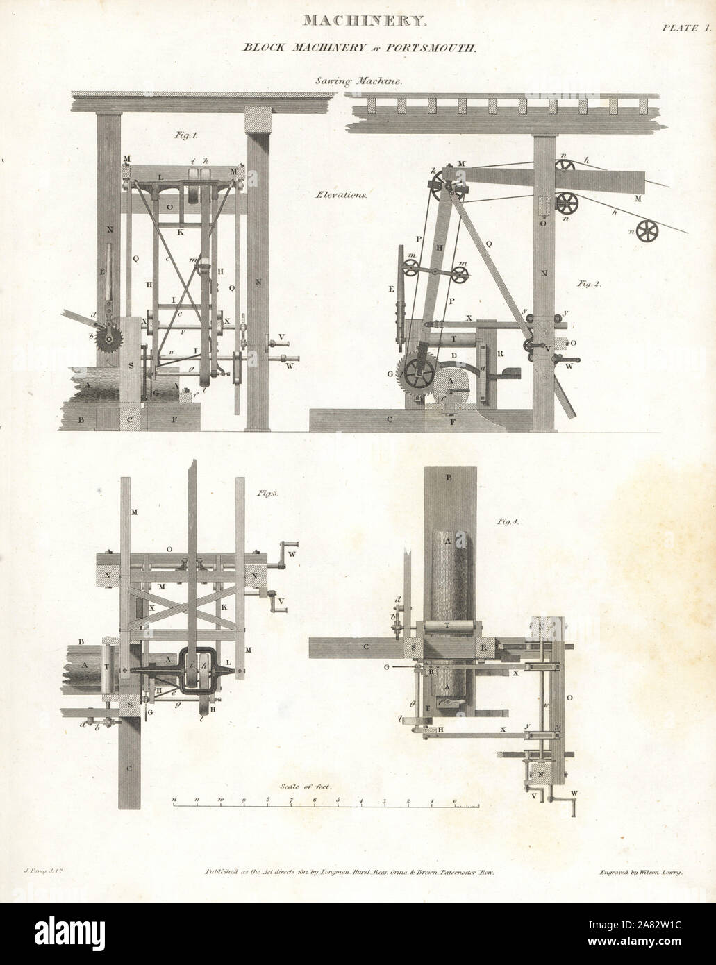 Macchina segatrice a Portsmouth porto navale del XVIII secolo. Incisione su rame da Wilson Lowry dopo un disegno di John Farey da Abramo Rees' dell'enciclopedia o dizionario universale delle arti, scienze e letteratura, Longman, Hurst, Rees, Orme e marrone, Londra, 1812. Foto Stock