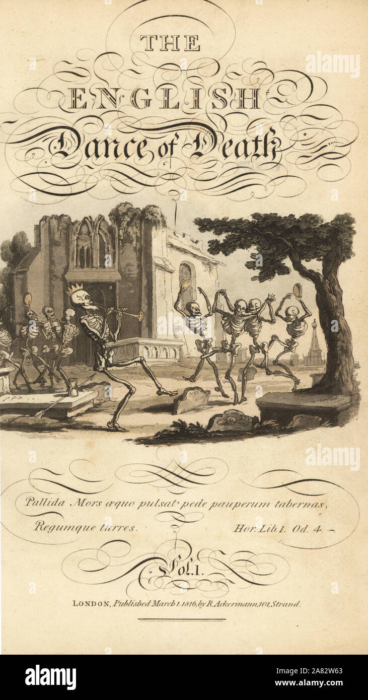 Titolo calligrafico e vignette di scheletri danza con tamburelli e corna in un cimitero vicino a una chiesa in rovina. Copperplate Handcolored disegnato e inciso da Thomas Rowlandson dall'inglese Danza della morte, Ackermann, Londra, 1816. Foto Stock