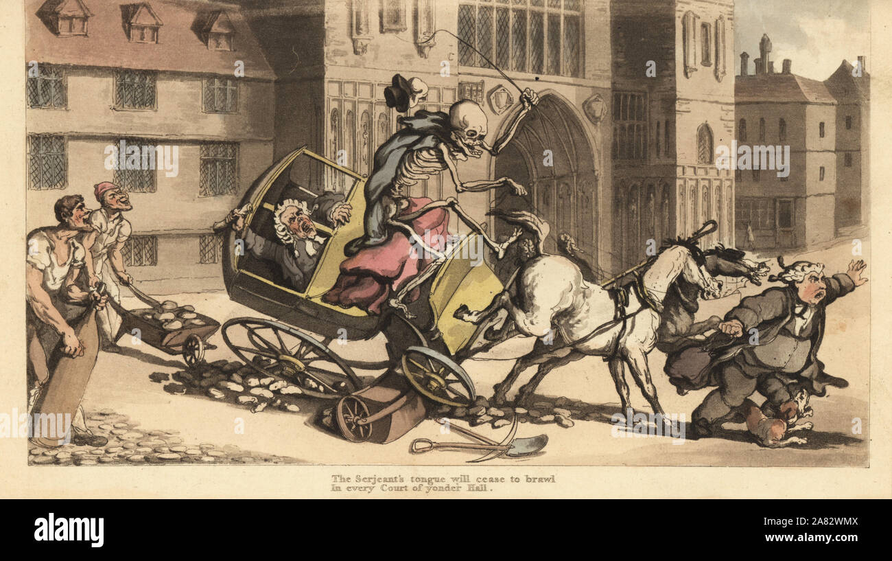 Lo scheletro di morte nel mantello e cappuccio aziona una due-carrozza come si blocca in lavori stradali uccidendo il suo passeggero, un funzionario del tribunale. Copperplate Handcolored disegnato e inciso da Thomas Rowlandson dall'inglese Danza della morte, Ackermann, Londra, 1816. Foto Stock