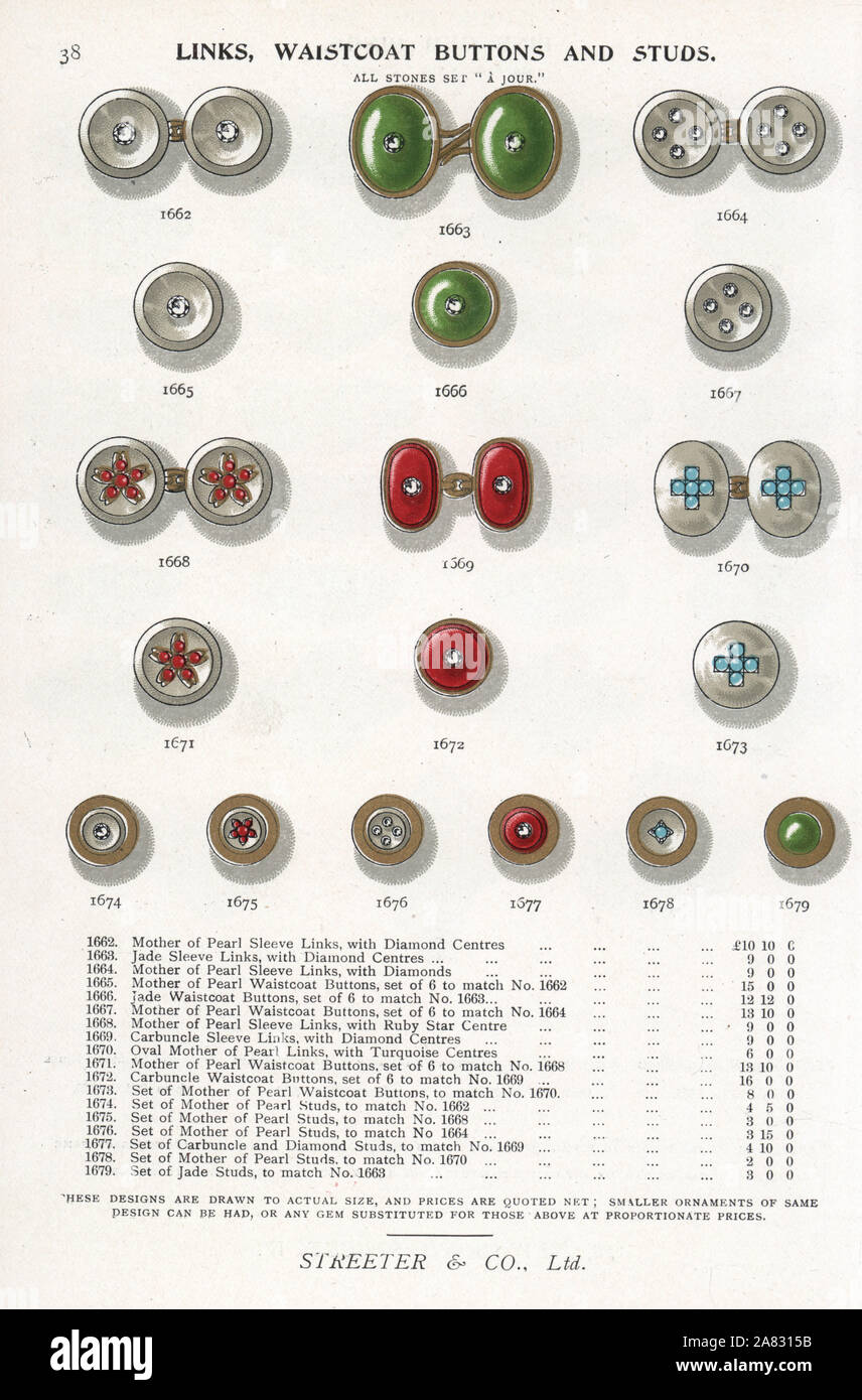 Collegamenti del bracciale, panciotto pulsanti, prigionieri della camicia in madreperla, giada, carbuncle, ecc. Chromolithograph da Edwin Streeter's Gems catalogo, Bond Street, Londra, circa del 1895. Foto Stock