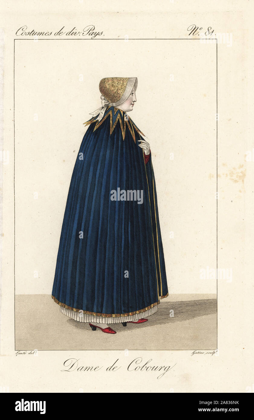 Donna sposata di Coburg, Franconia, Germania, xix secolo. Indossa un cappello ricamato di chiffon pieghettata e di un intero capo di ricca stoffa, decorati con oro treccia. Handcolored incisione su rame di Georges Jacques Gatine dopo una illustrazione di Louis Marie Lante da costumi di vari paesi, costumi de Divers Pays, Parigi, 1827. Foto Stock