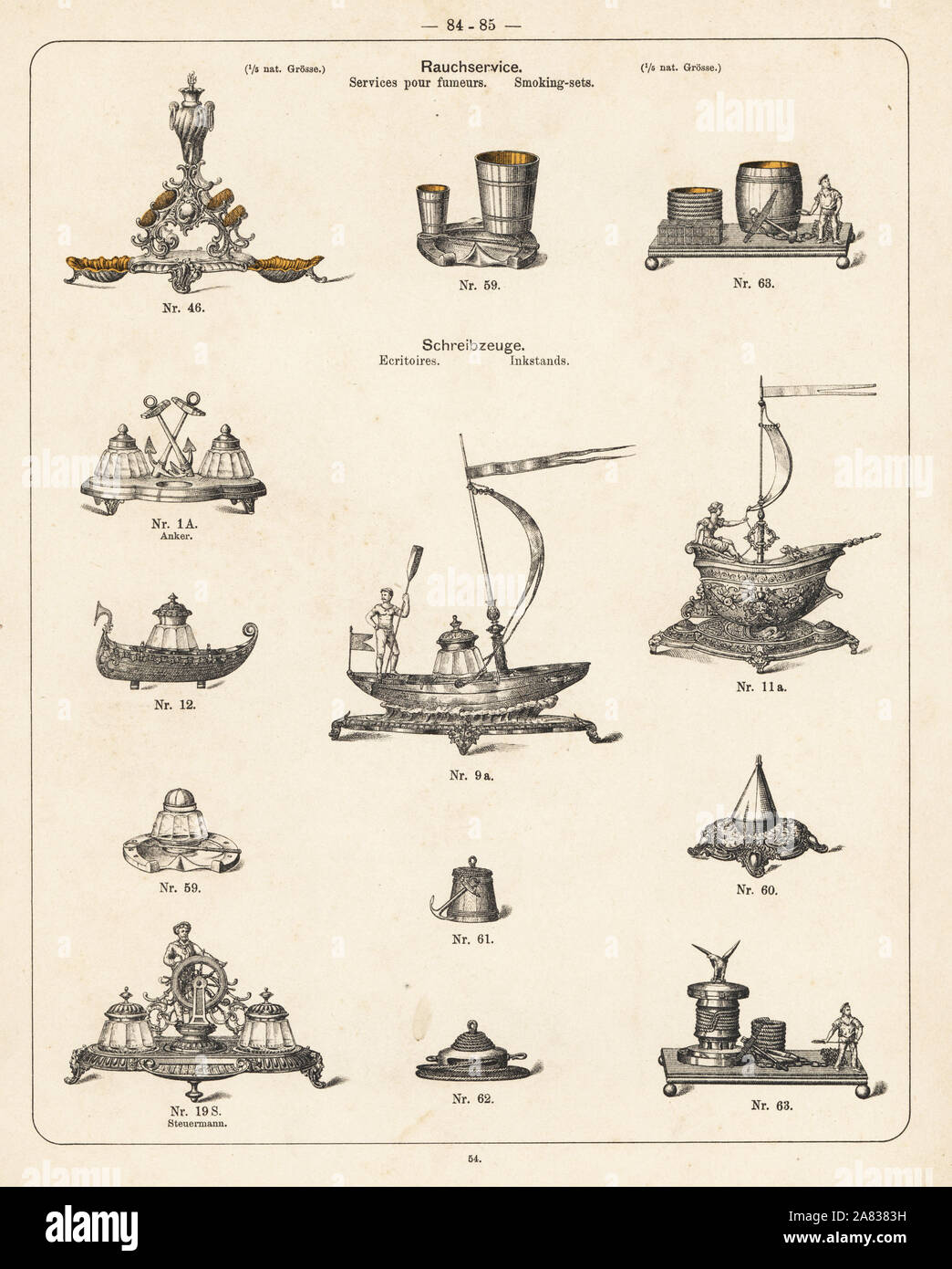 Fumatori decorativo set e inkstands. Litografia da un catalogo di prodotti metallici fabbricati da Wuerttemberg Metalware Fabbrica, Geislingen, Germania, 1896. Foto Stock