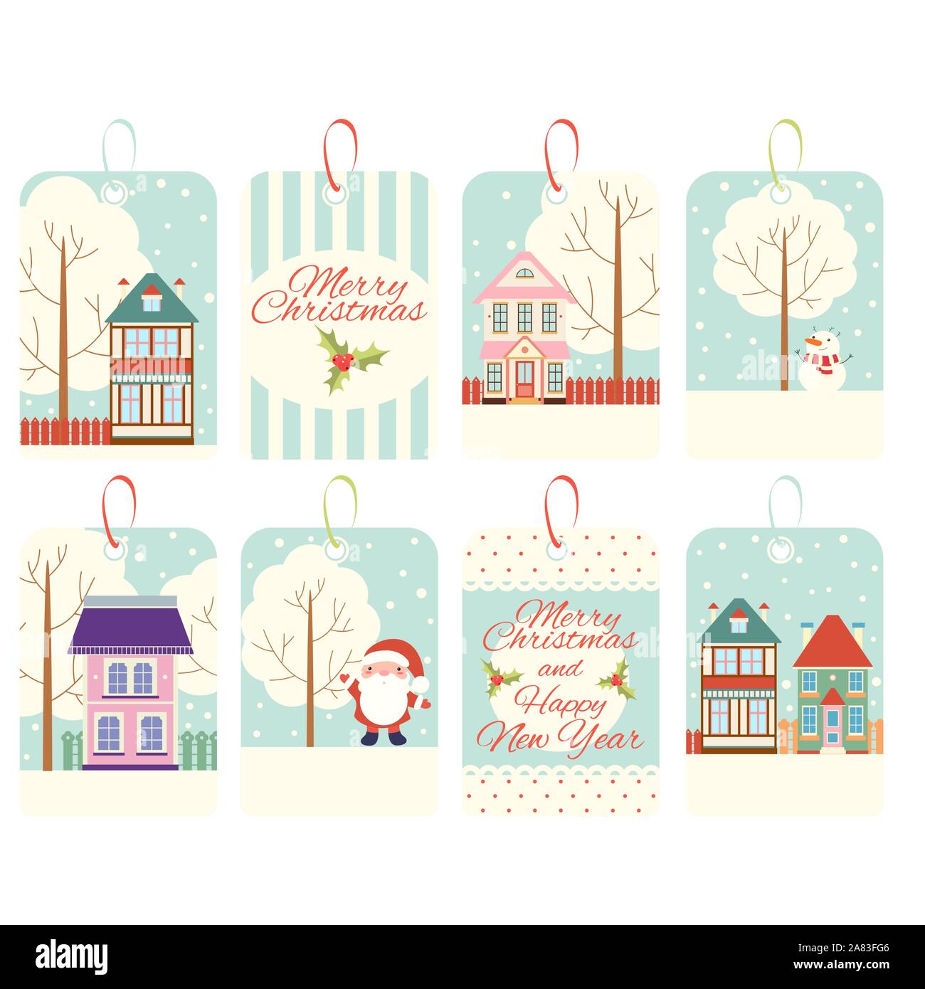 Set di Natale regalo verticale tag, card, un badge adesivo in stile retrò. Iscrizione - Buon Natale e Felice Anno Nuovo. Template vettoriale carta per gr Illustrazione Vettoriale