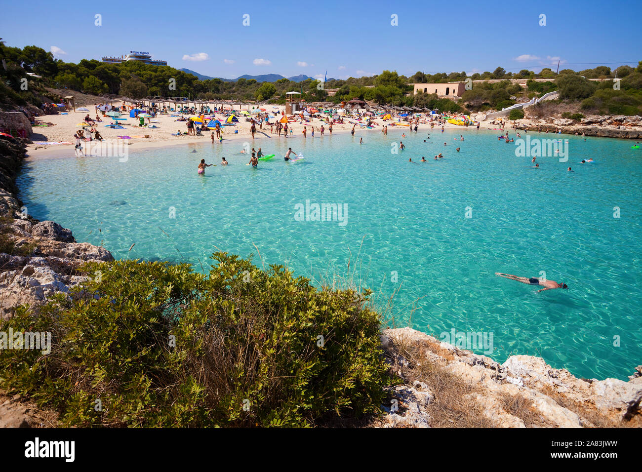 Cala Marcal, spiaggia balneare di Porto Colom, Maiorca, isole Baleari, Spagna Foto Stock