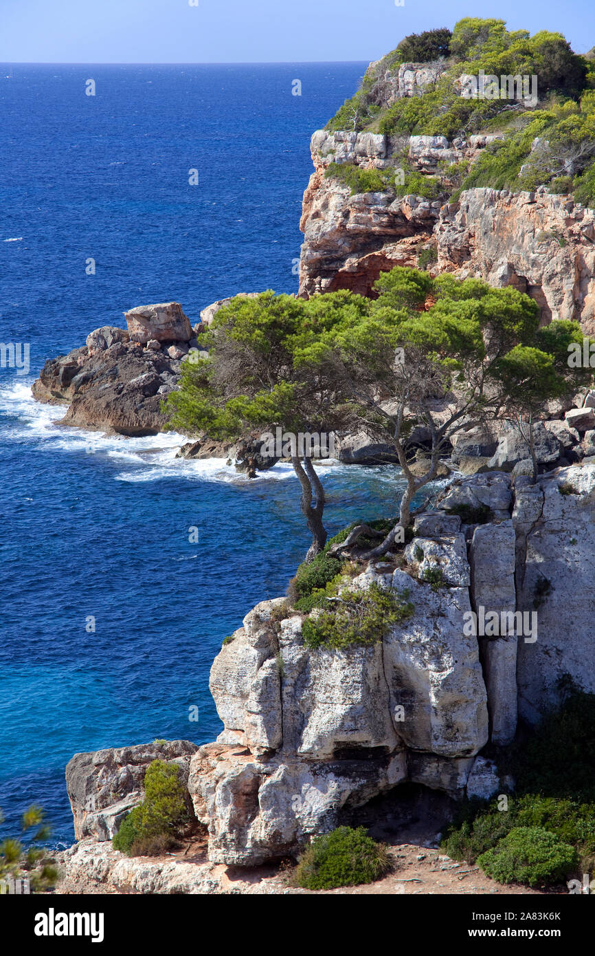 Coste rocciose a Cala de s'Almonia, Cala Llombards, Santanyí, Maiorca, isole Baleari, Spagna Foto Stock