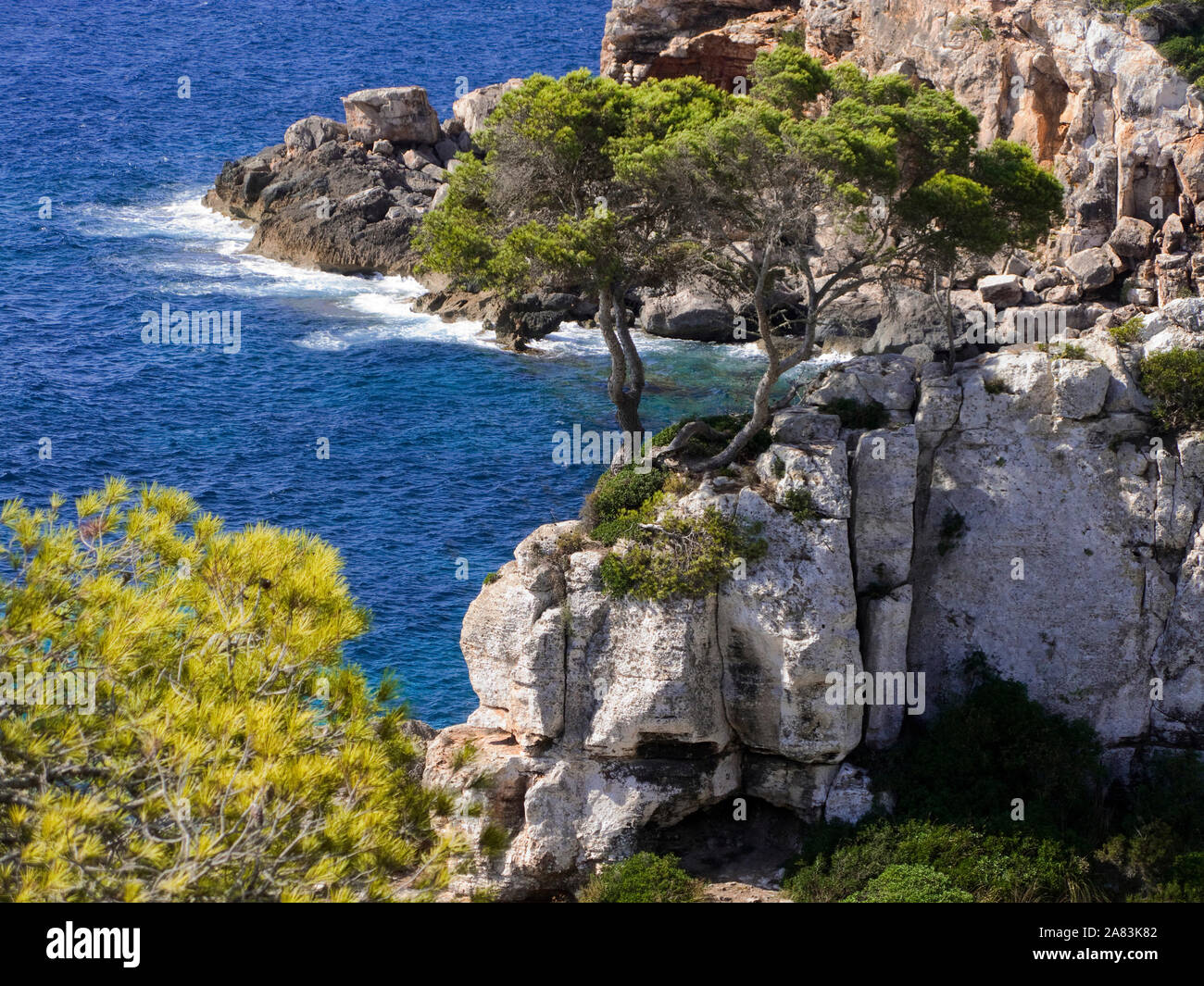 Coste rocciose a Cala de s'Almonia, Cala Llombards, Santanyí, Maiorca, isole Baleari, Spagna Foto Stock
