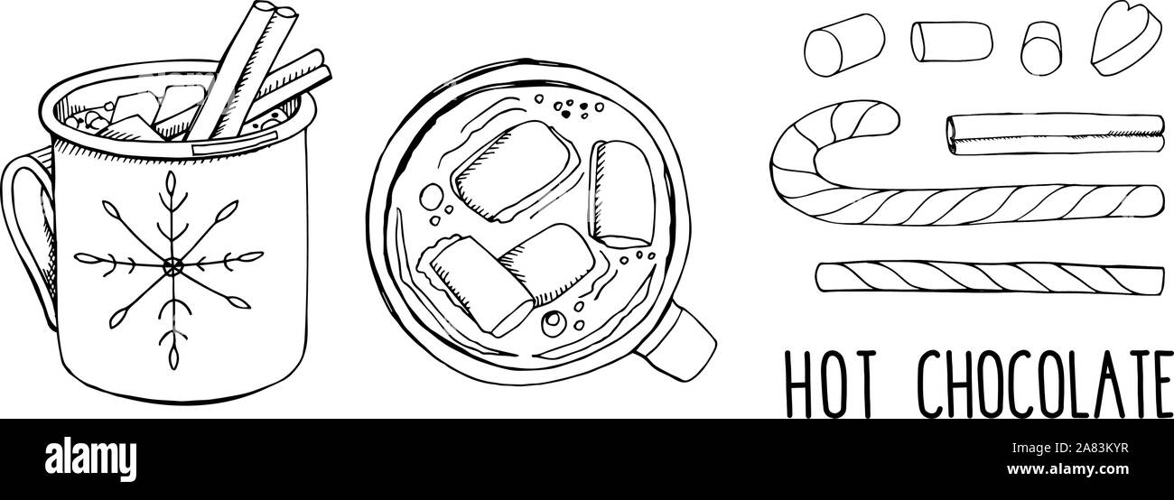 Set di disegnati a mano illustrazioni vettoriali isolato su bianco. Cioccolata calda con il Natale candy cane e marshmallow. La calligrafia moderna. Clip art per wi Illustrazione Vettoriale