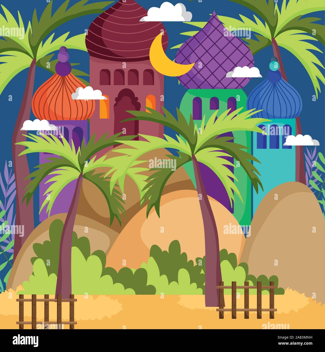 Arabian towers sabbia desert palm recinto luna illustrazione vettoriale Illustrazione Vettoriale